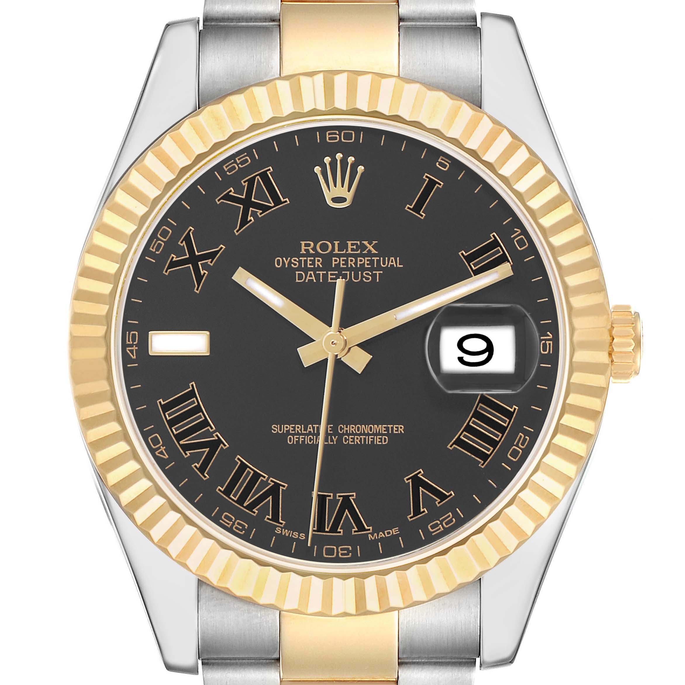 The Rolex Datejust 41 116333 Men's Steel and Gold (two tone) Black Dial is shown from a top view, highlighting the dial, fluted bezel, and part of the bracelet.
