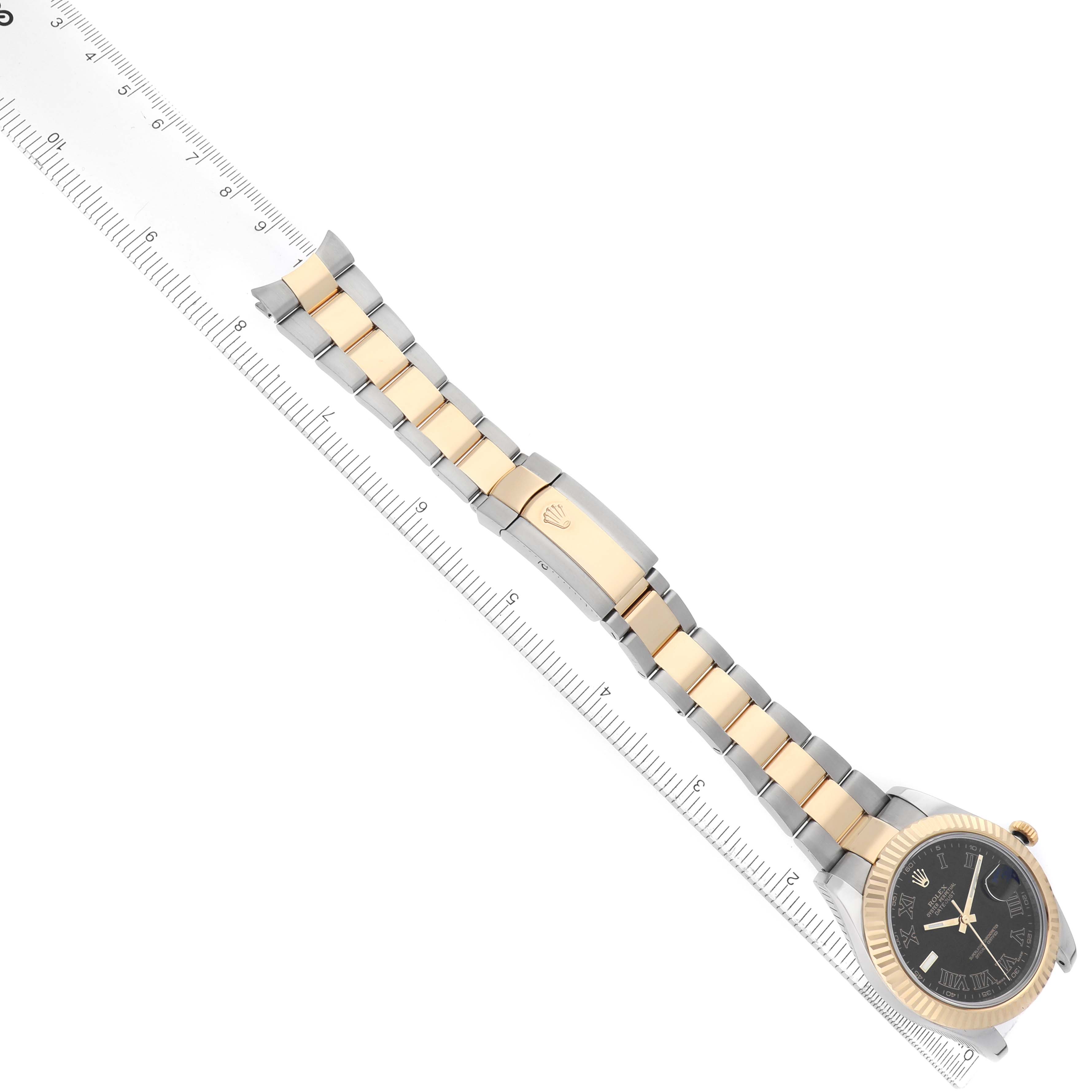 The Rolex Datejust 41 116333 Men's Steel and Gold (two tone) Black Dial watch is shown at an angled overhead view, displaying the dial, bracelet, clasp, and bezel.