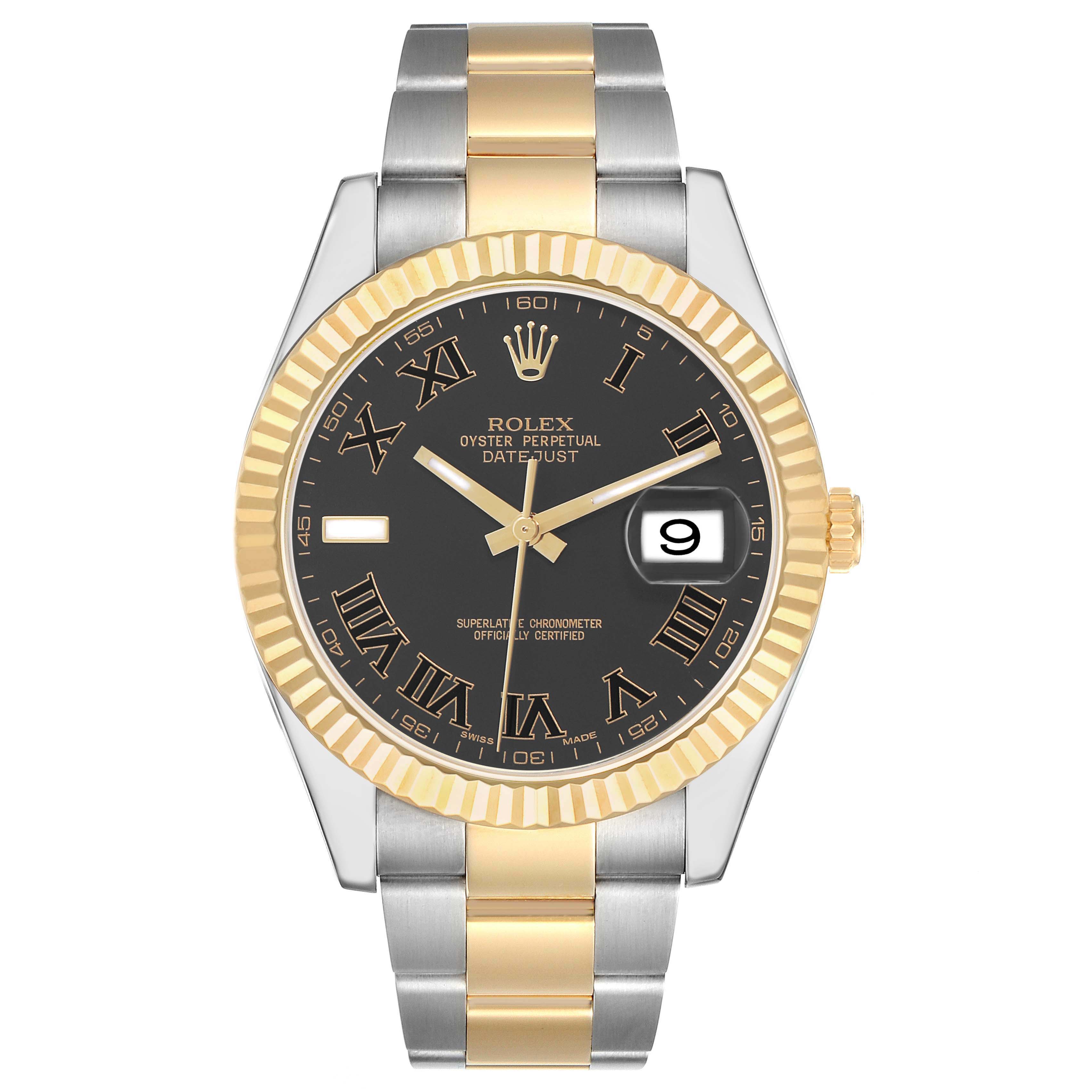 The Rolex Datejust 41 116333 Men's Steel and Gold (two tone) Black Dial is shown from a top view, highlighting the dial, bezel, and two-tone bracelet.