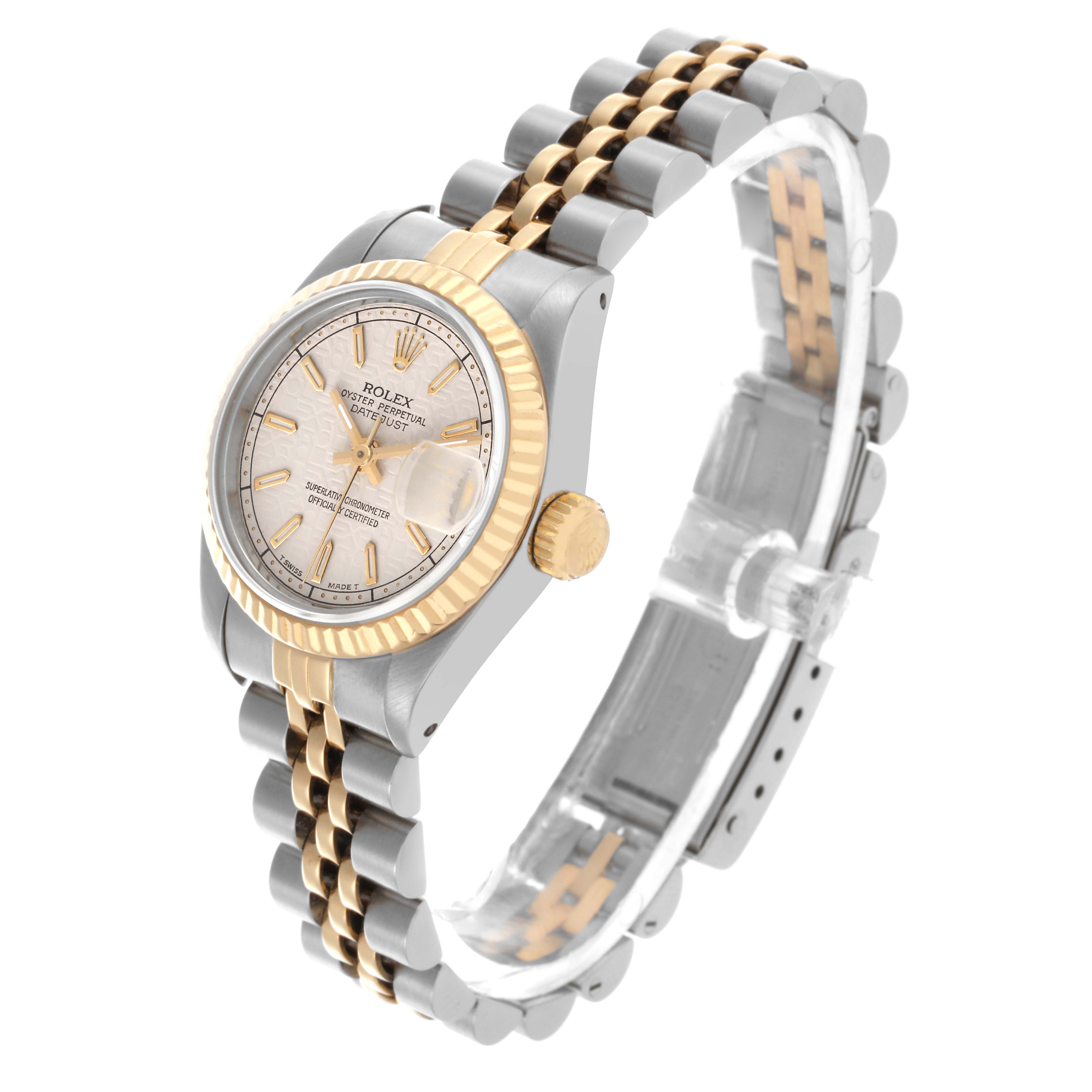 The Rolex Datejust 69173 Women's Steel and Gold (two tone) Beige Dial 69173 Women's Steel and Gold (two tone) Beige Dial watch is shown at a three-quarter angle, highlighting the face, bezel, crown, and metal bracelet.