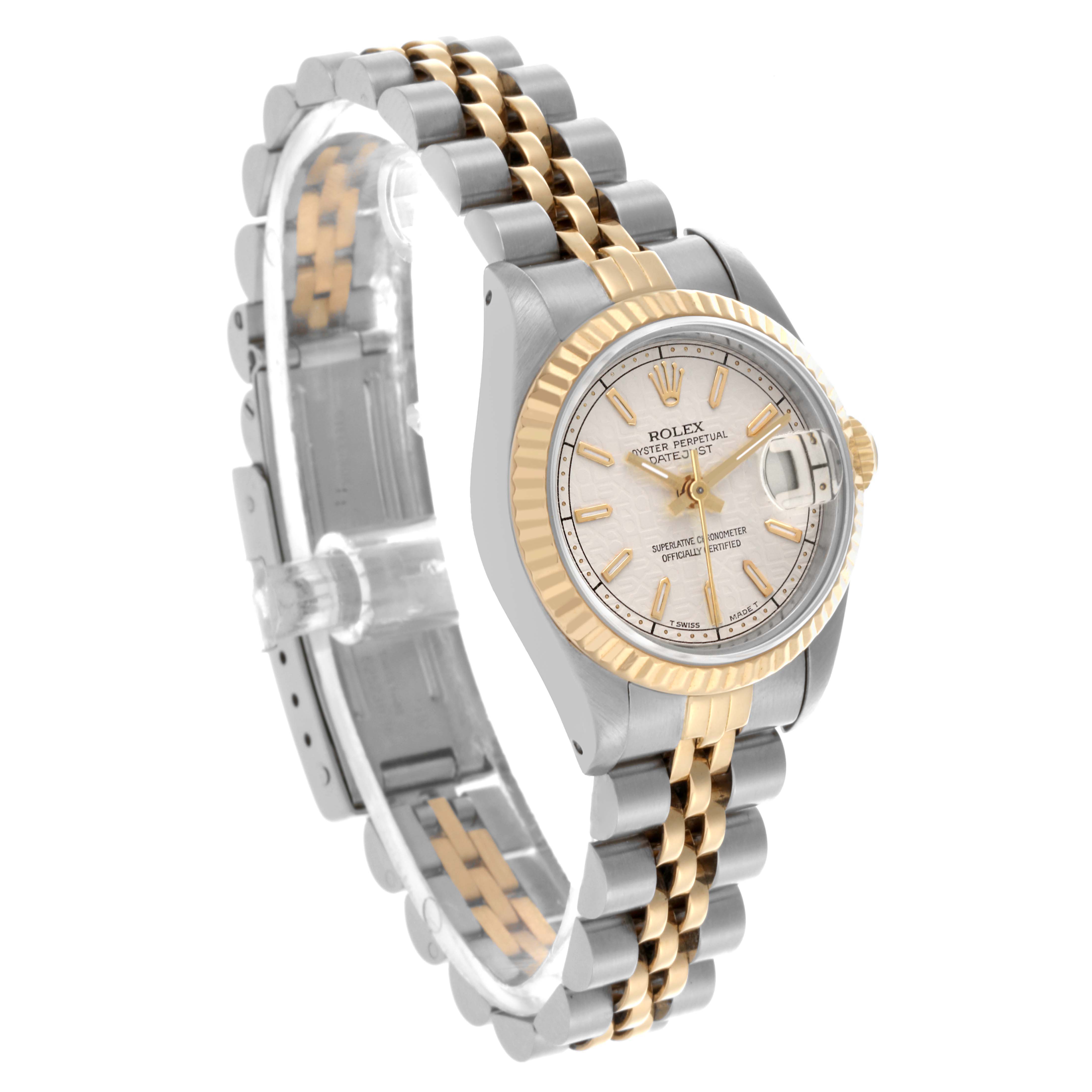 The Rolex Datejust 69173 Women's Steel and Gold (two tone) Beige Dial 69173 Women's Steel and Gold (two tone) Beige Dial watch is shown at a three-quarter angle, highlighting the dial, fluted bezel, and two-tone bracelet.