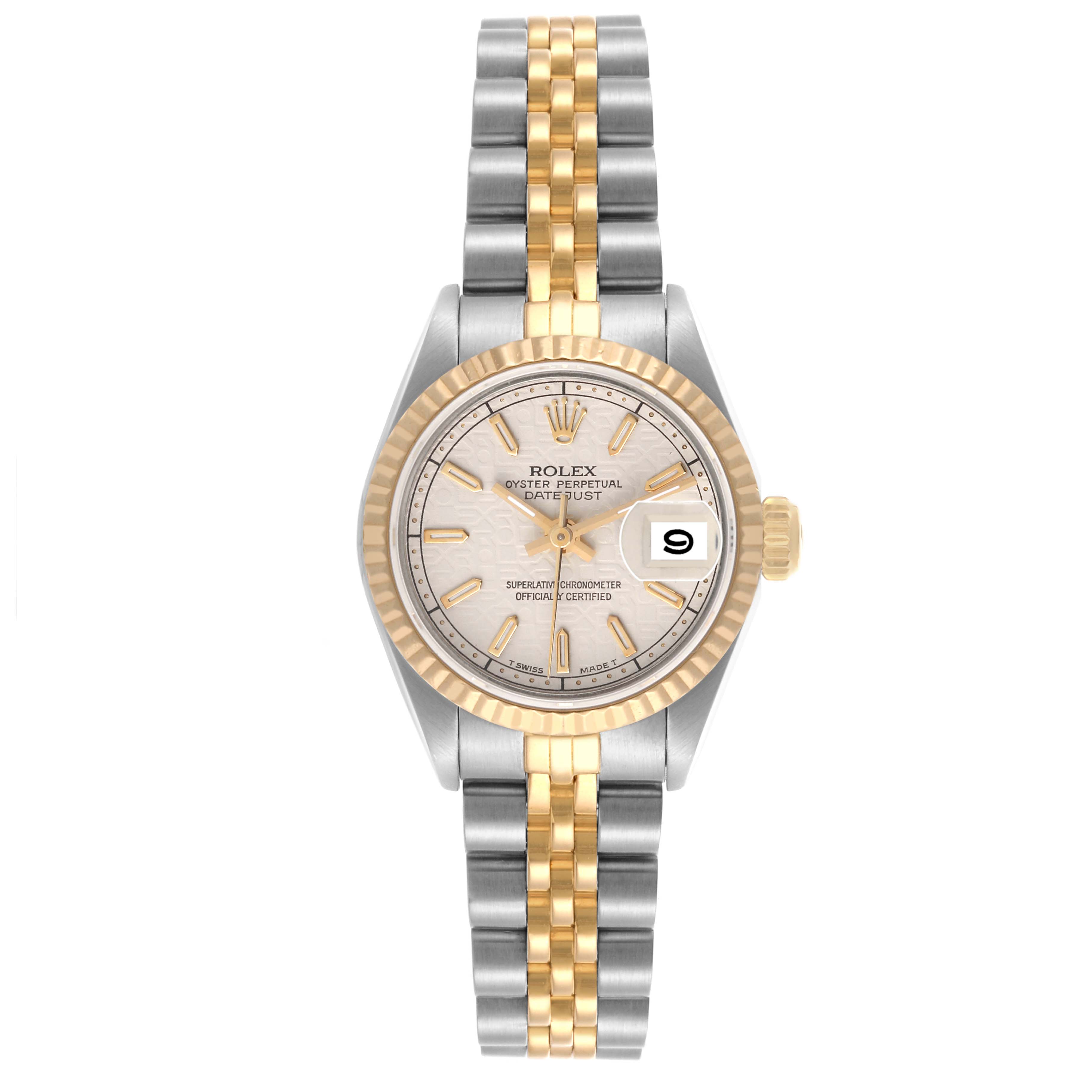 The Rolex Datejust 69173 Women's Steel and Gold (two tone) Beige Dial 69173 Women's Steel and Gold (two tone) Beige Dial watch is shown from a top angle, highlighting its face, bezel, and two-tone bracelet.