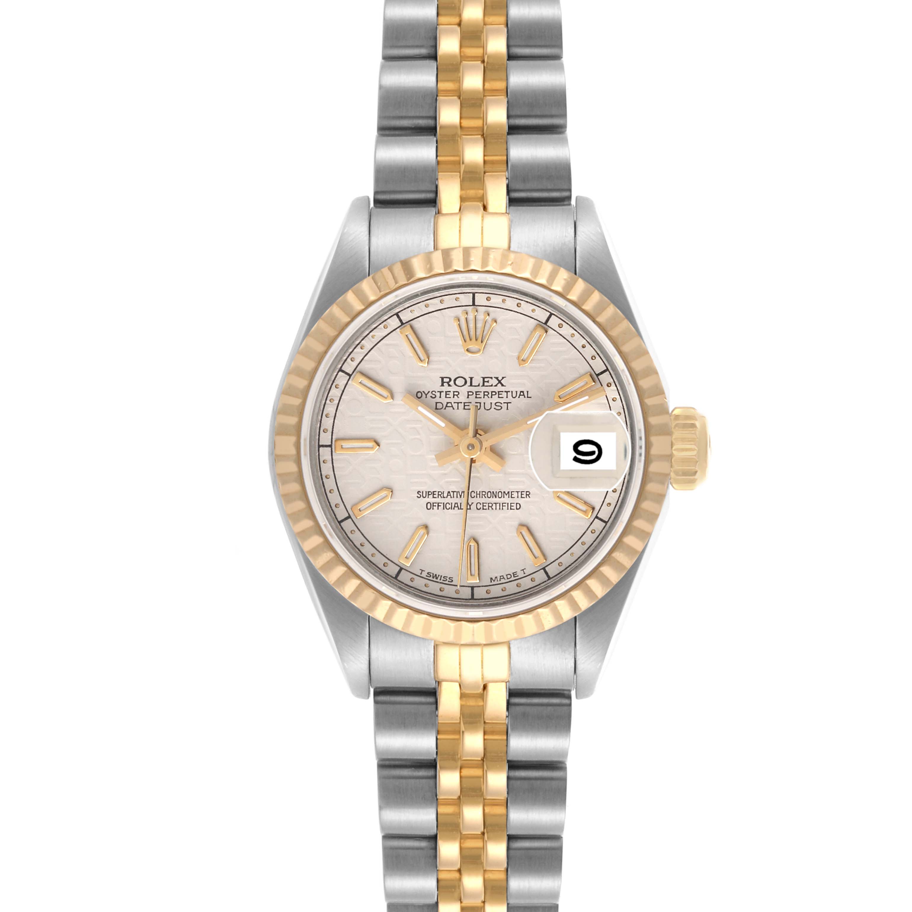 The Rolex Datejust 69173 Women's Steel and Gold (two tone) Beige Dial 69173 Women's Steel and Gold (two tone) Beige Dial watch is shown from the front, displaying its dial, bezel, bracelet, and crown.
