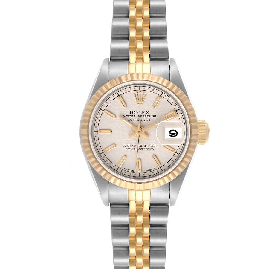 The Rolex Datejust watch is shown from the front, displaying its dial, bezel, bracelet, and crown.