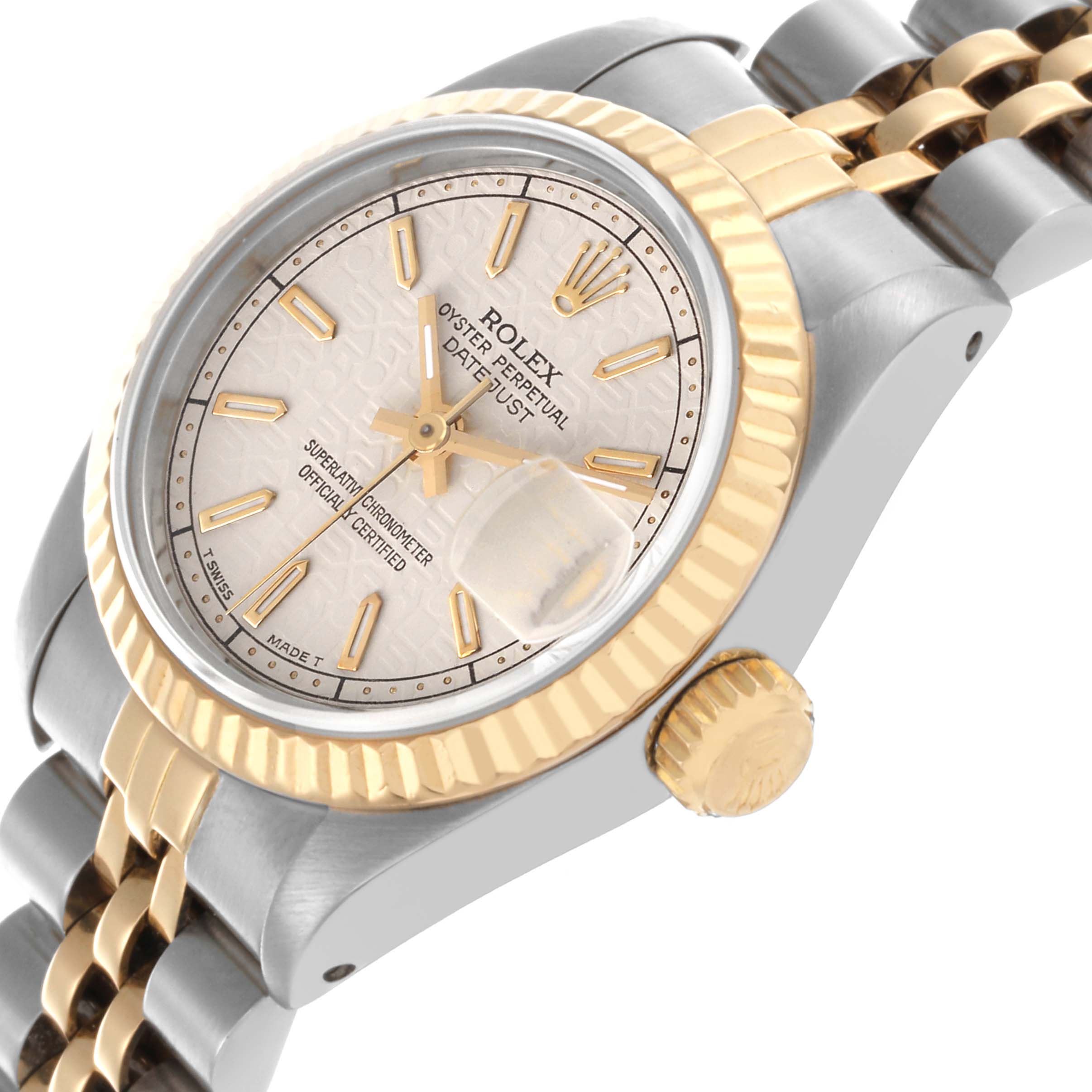 The Rolex Datejust 69173 Women's Steel and Gold (two tone) Beige Dial 69173 Women's Steel and Gold (two tone) Beige Dial watch is shown at an angled close-up, highlighting the dial, fluted bezel, crown, and part of the bracelet.