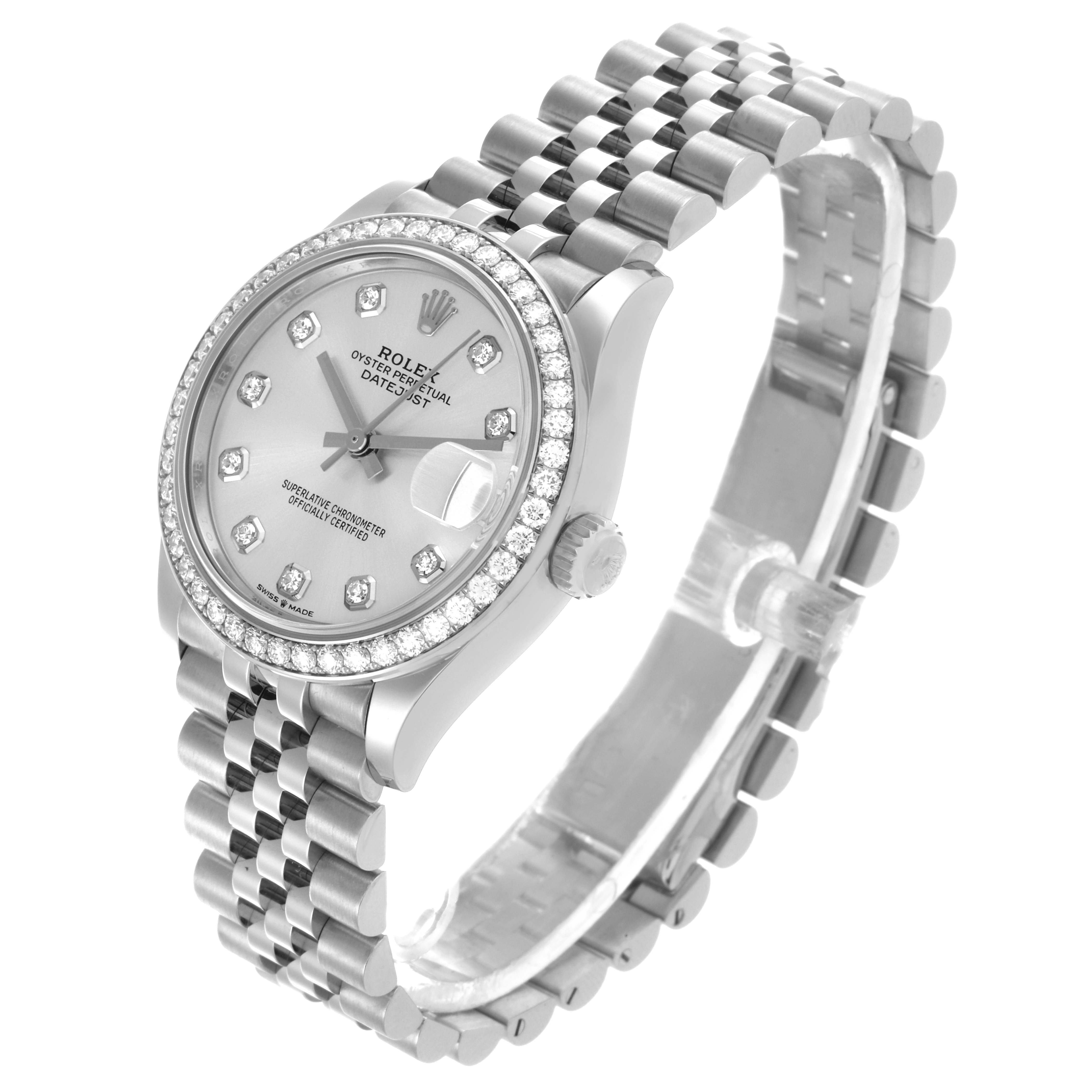 The Rolex Mid-Size 278384 Women's Stainless Steel Silver Dial 278384 Women's Stainless Steel Silver Dial watch is shown at a three-quarter angle, displaying the dial, bezel, and part of the bracelet.