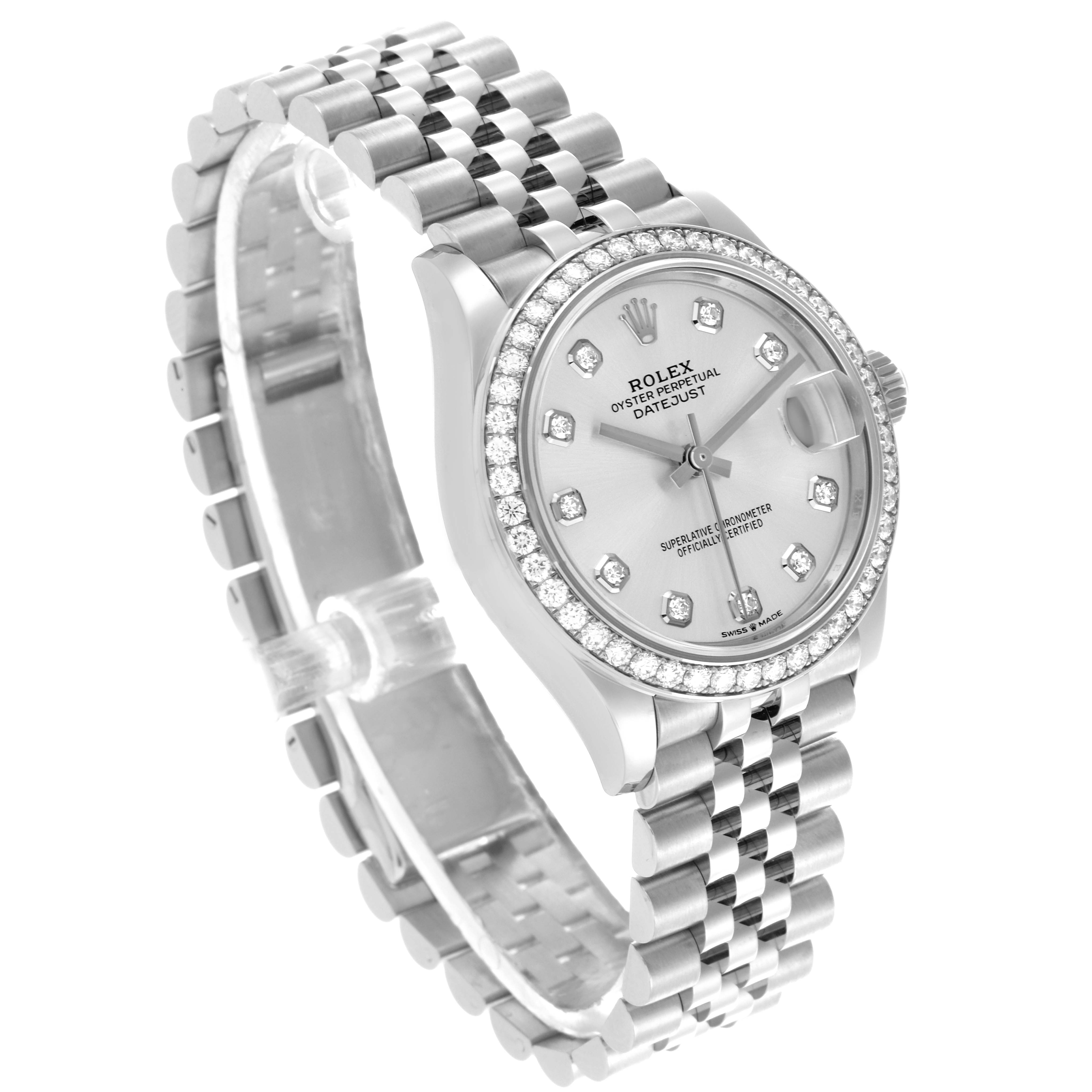The Rolex Mid-Size 278384 Women's Stainless Steel Silver Dial 278384 Women's Stainless Steel Silver Dial Datejust is shown at a three-quarter angle, featuring the watch face, bezel with diamonds, and jubilee bracelet.