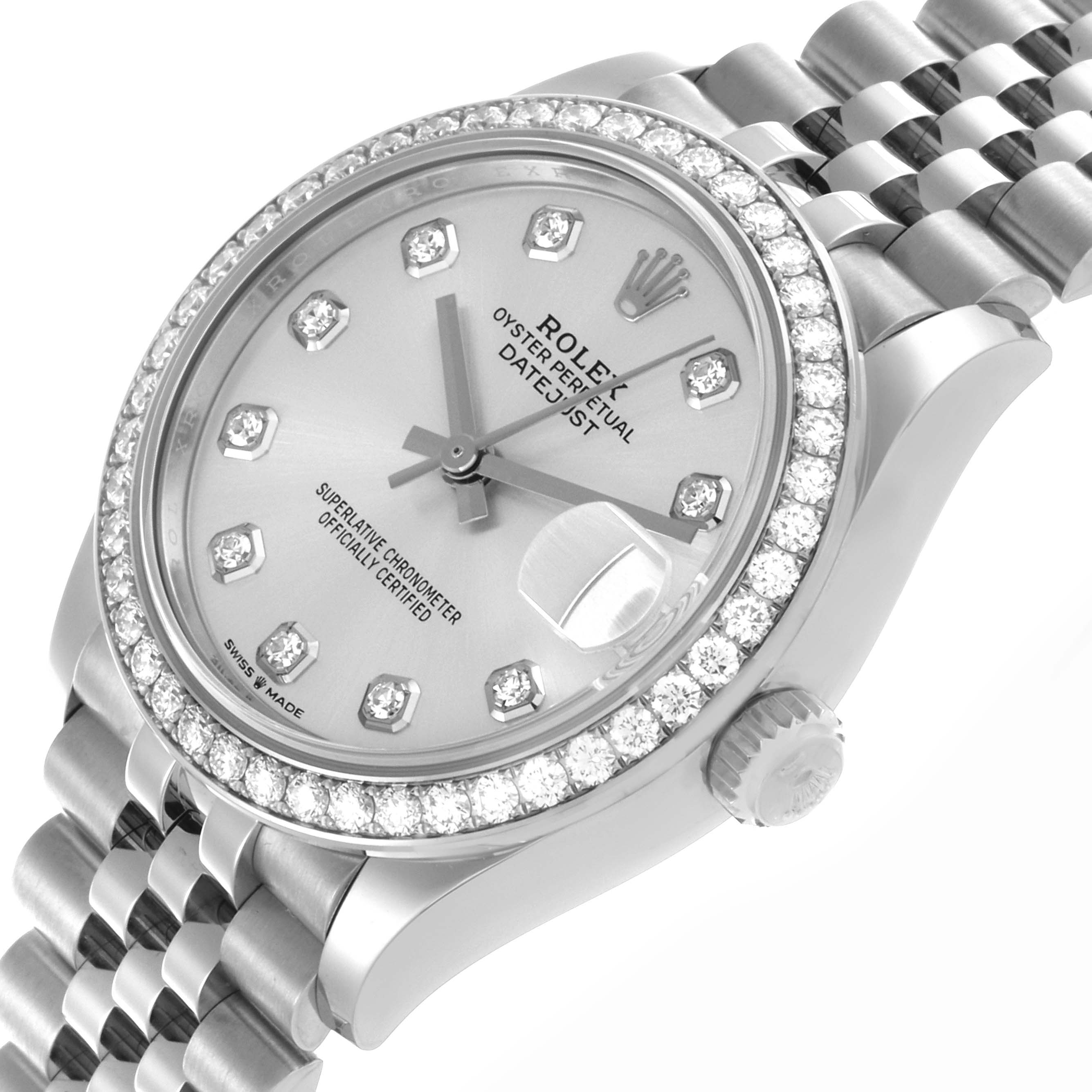 The Rolex Mid-Size 278384 Women's Stainless Steel Silver Dial 278384 Women's Stainless Steel Silver Dial watch is shown at a slightly tilted angle, featuring the diamond bezel, silver dial, and jubilee bracelet.