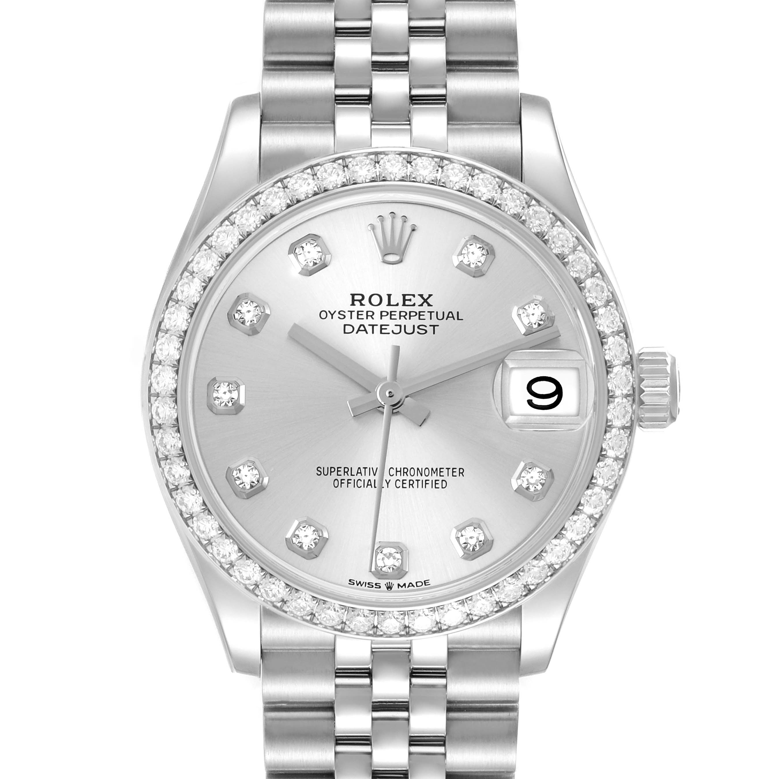 The image shows the front view of a Rolex Datejust Mid-Size watch, highlighting the dial, bezel, and bracelet.