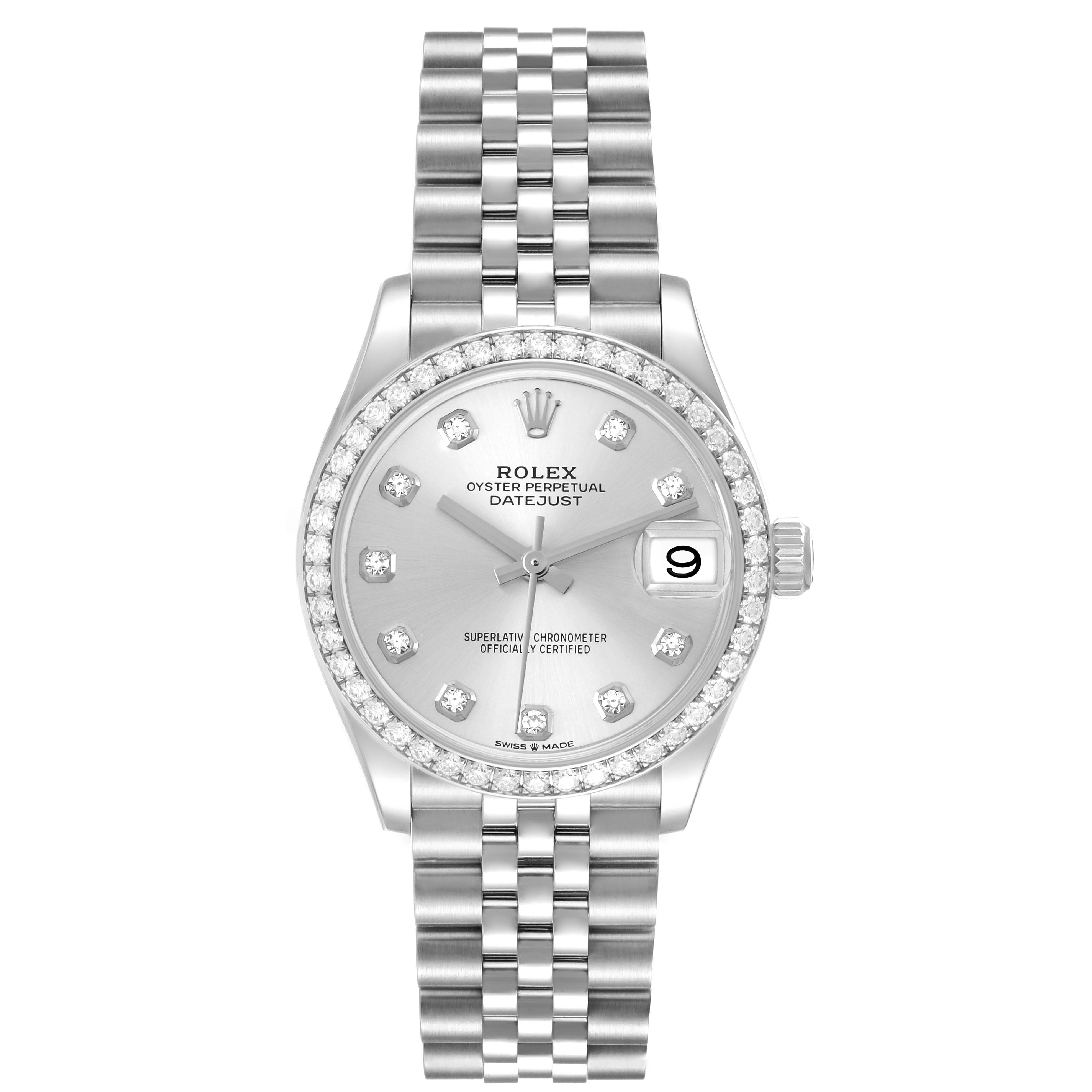 This Rolex Mid-Size 278384 Women's Stainless Steel Silver Dial 278384 Women's Stainless Steel Silver Dial Datejust watch is shown from a front angle, displaying the bezel, dial, hands, bracelet, and crown.