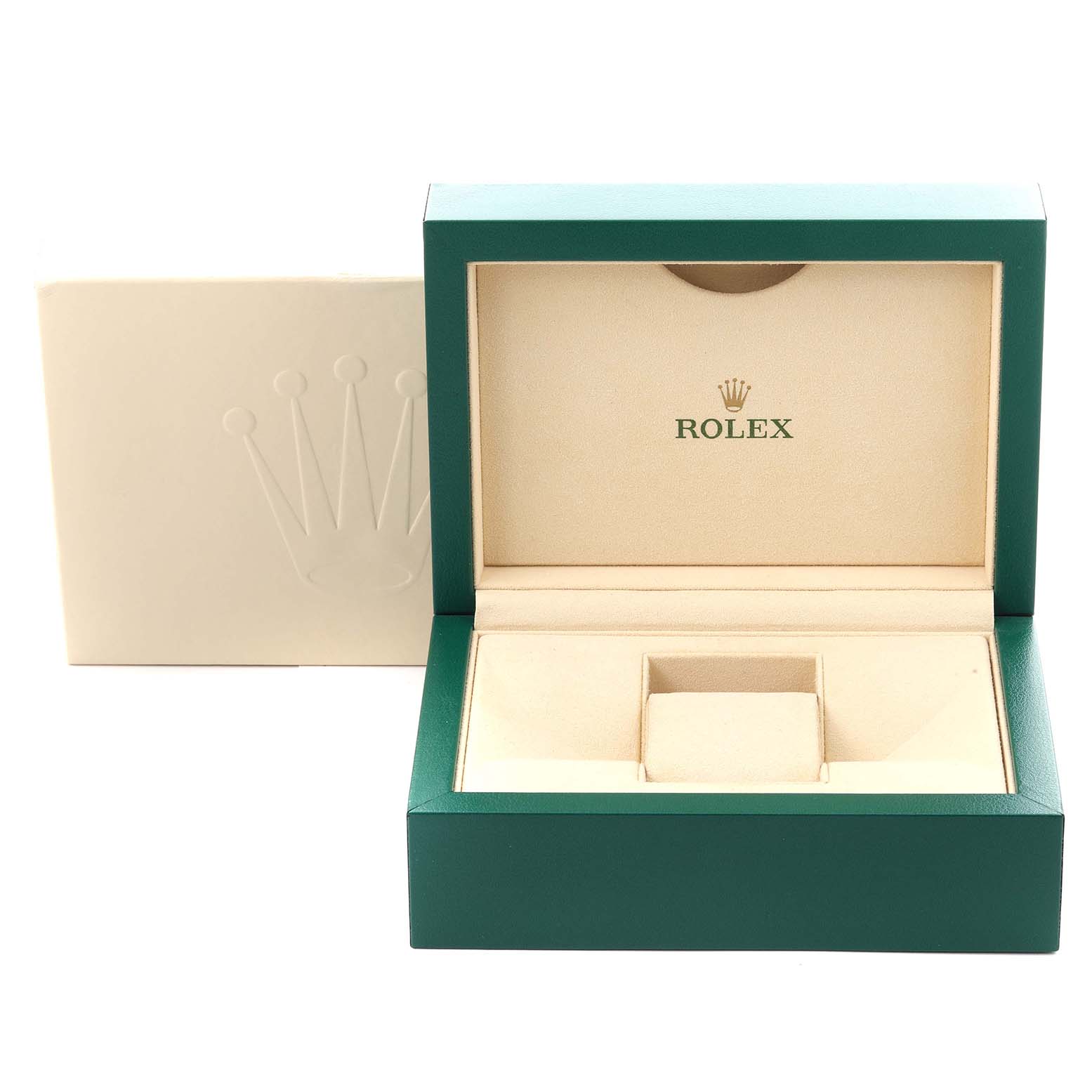 This image shows an open Rolex watch box for a Mid-Size model, highlighting the inner cushioning and logo.