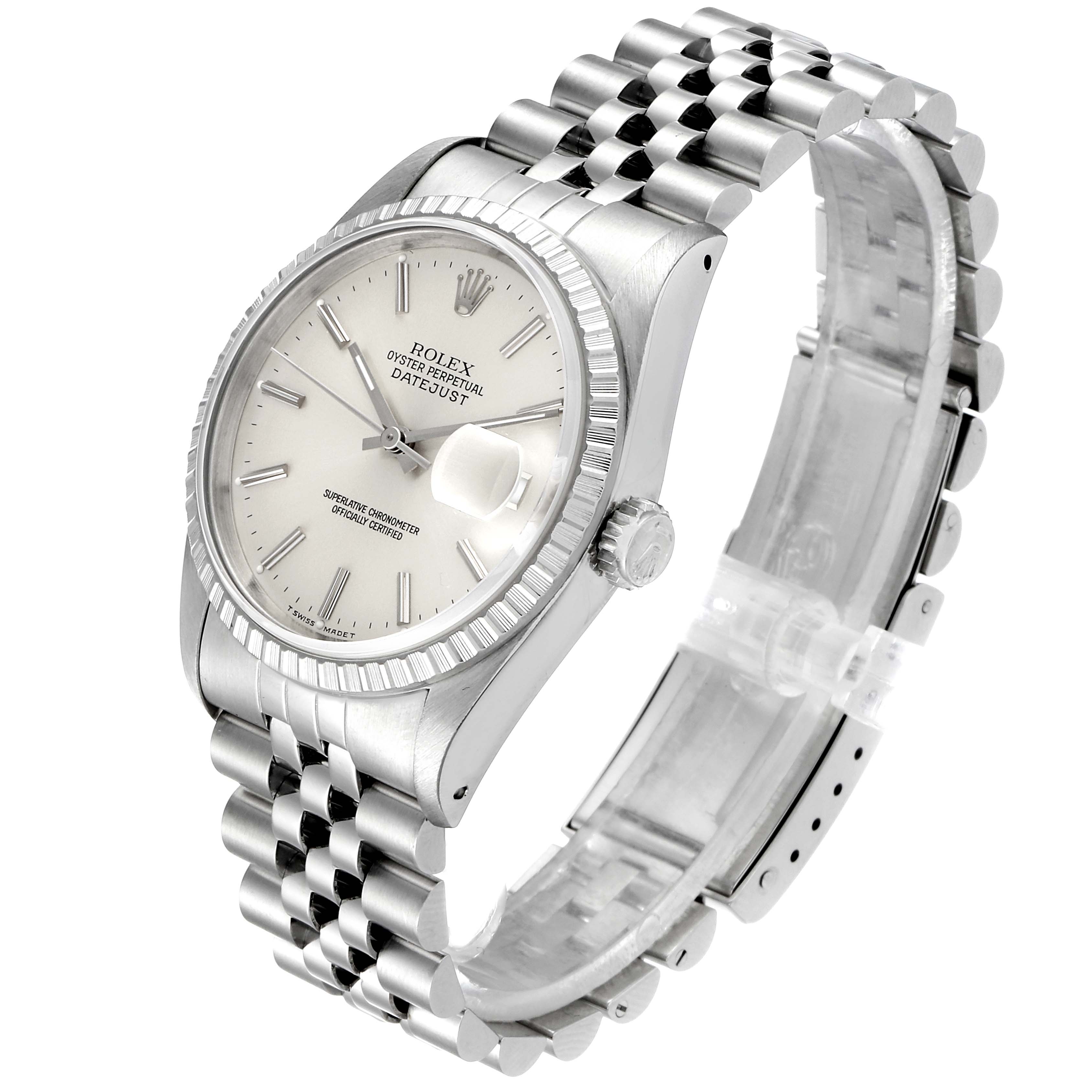 This image shows a Rolex Datejust 16220 Men's Stainless Steel Silver Dial 16220 Men's Stainless Steel Silver Dial watch at a three-quarter angle, displaying the face, bezel, crown, and bracelet.