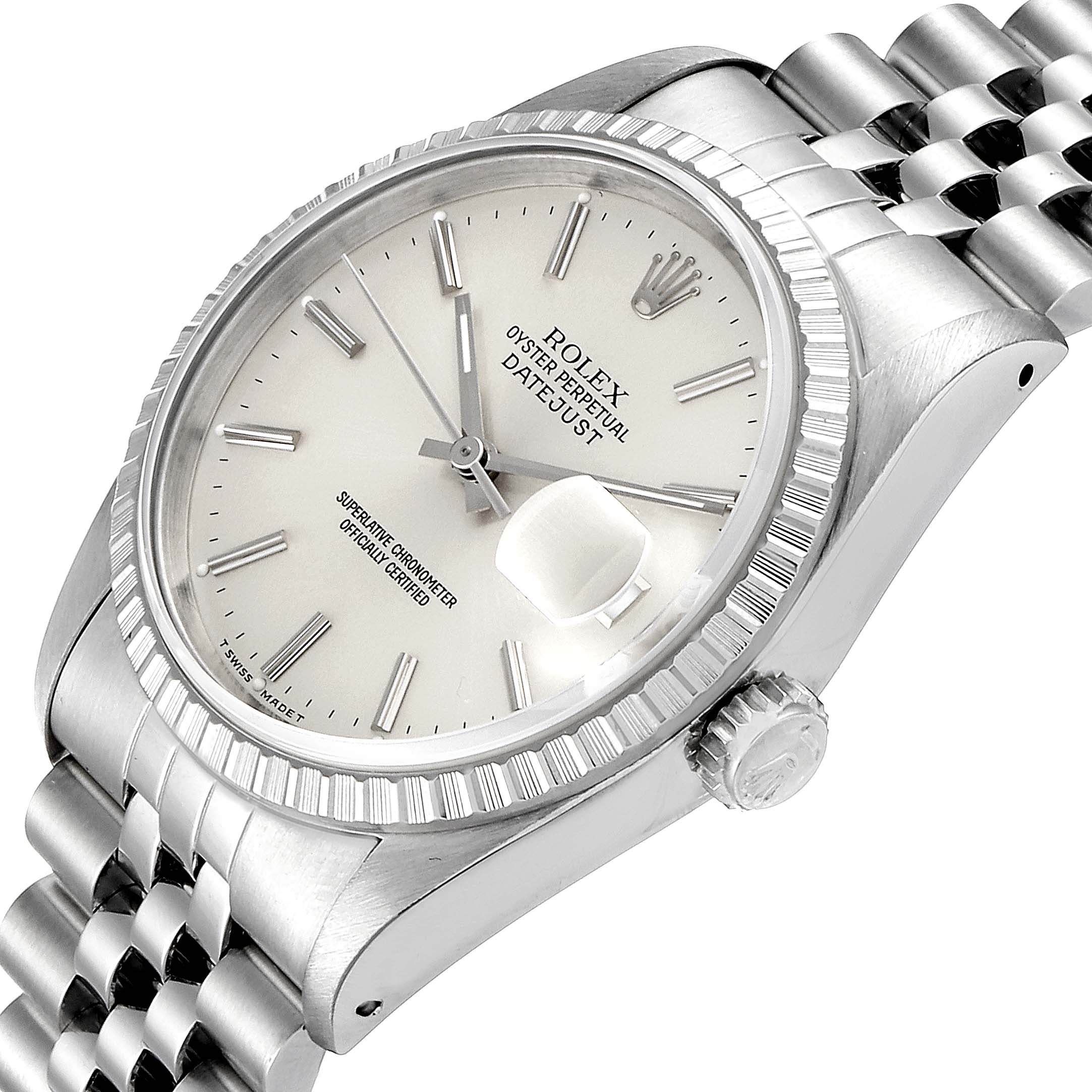 This image shows a close-up angle of the Rolex Datejust 16220 Men's Stainless Steel Silver Dial 16220 Men's Stainless Steel Silver Dial watch, displaying its face, bezel, crown, and part of the bracelet.