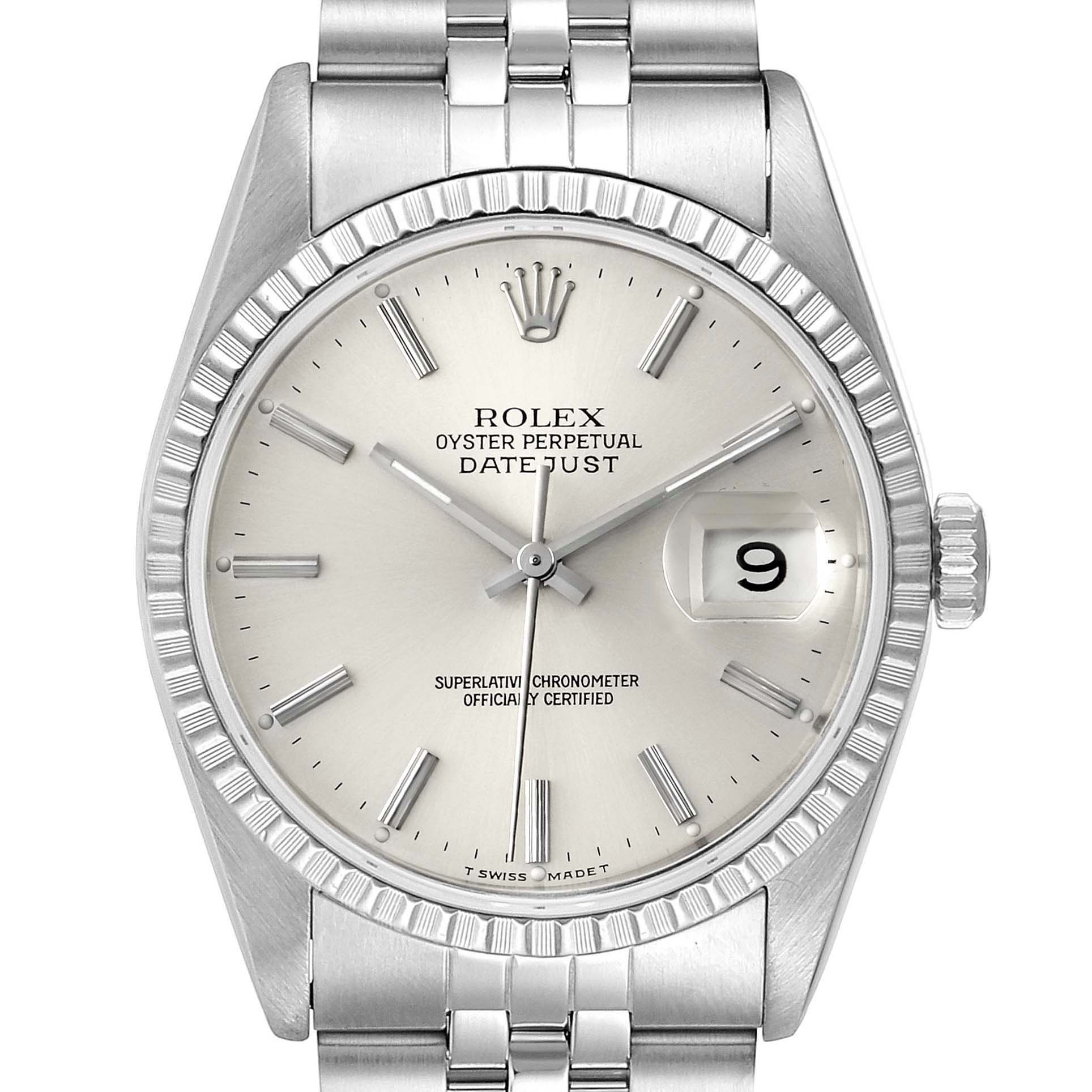 The image shows a front view of a Rolex Datejust 16220 Men's Stainless Steel Silver Dial 16220 Men's Stainless Steel Silver Dial watch, displaying its dial, crown, bezel, and part of the bracelet.