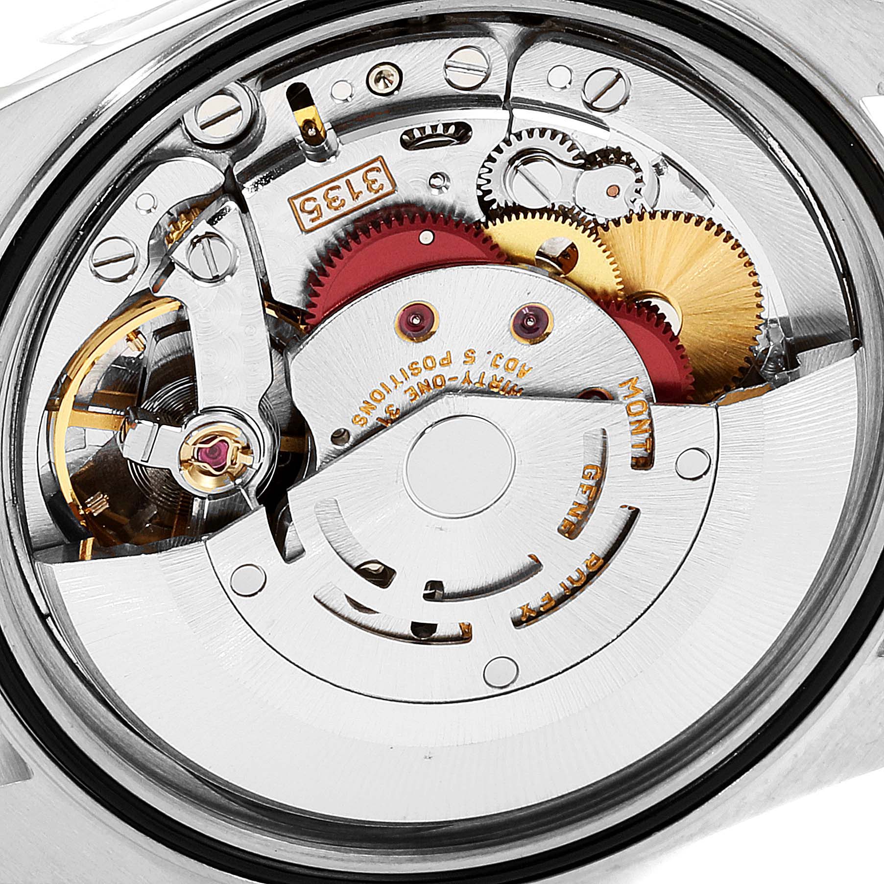 This is a close-up view of the internal mechanism of a Rolex Datejust 16220 Men's Stainless Steel Silver Dial 16220 Men's Stainless Steel Silver Dial watch, showcasing its gears and intricate components.