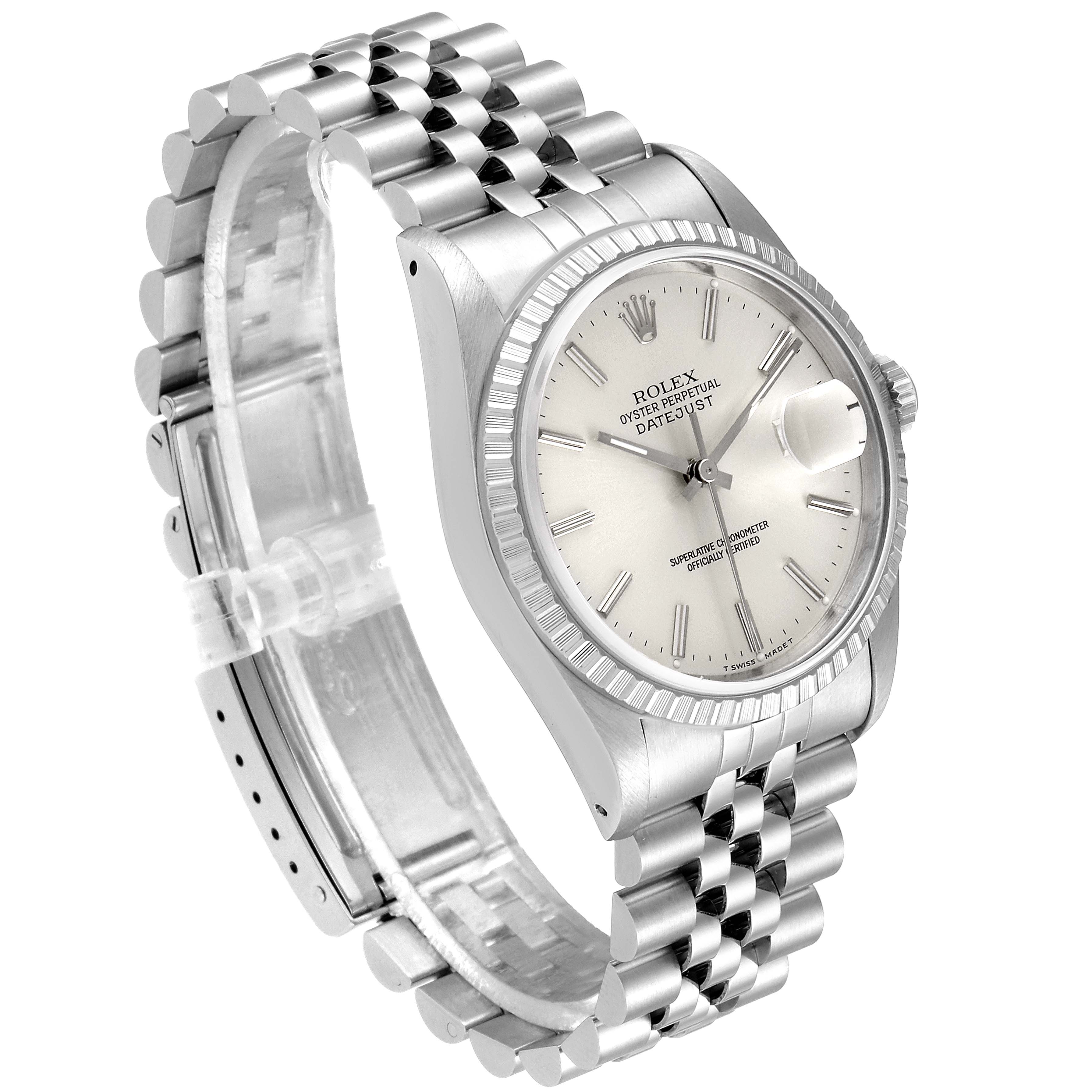 This image shows a Rolex Datejust 16220 Men's Stainless Steel Silver Dial 16220 Men's Stainless Steel Silver Dial watch from a slightly angled front view, highlighting the face, bezel, and jubilee bracelet.
