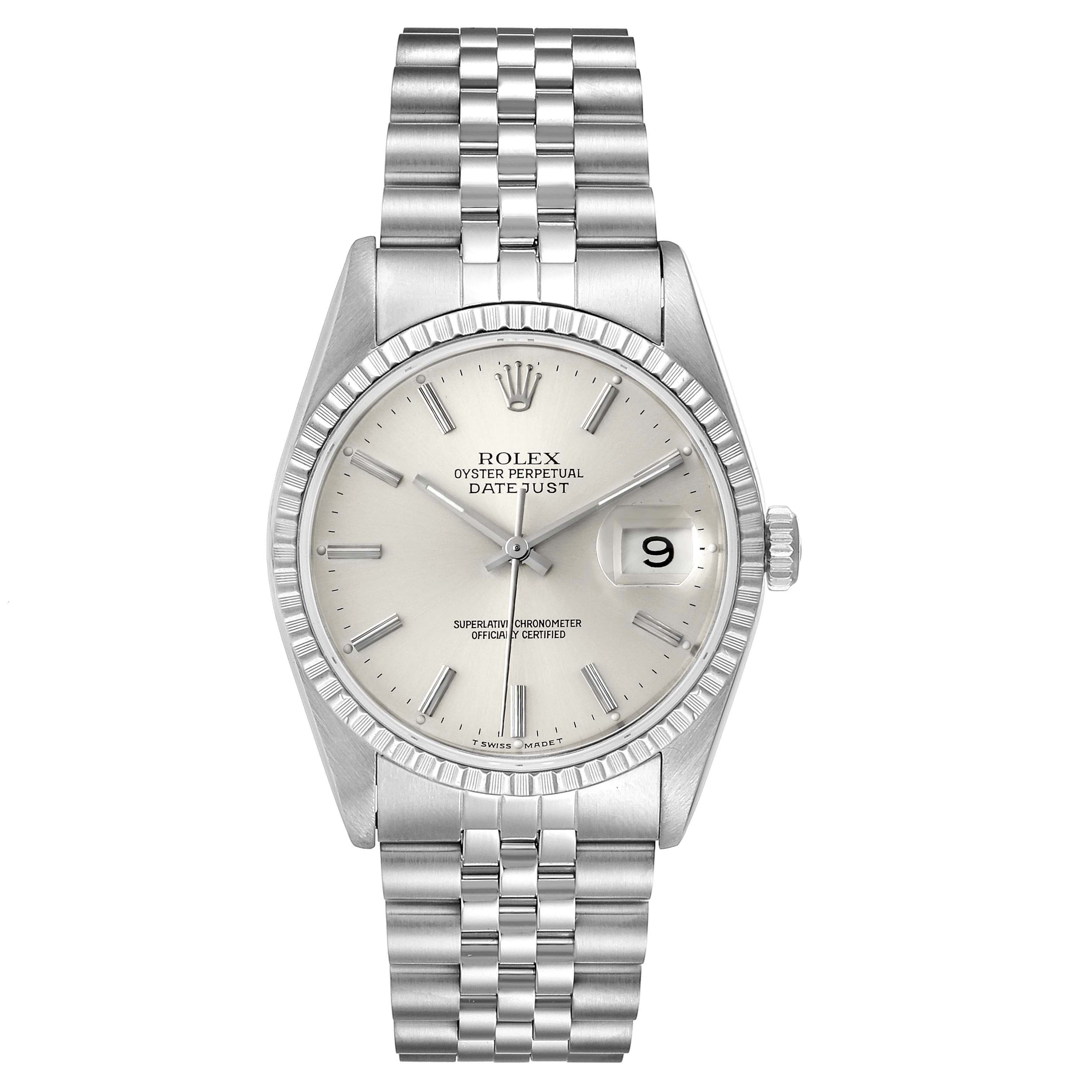 The image shows a front view of a Rolex Datejust 16220 Men's Stainless Steel Silver Dial 16220 Men's Stainless Steel Silver Dial watch, displaying the dial, bezel, and bracelet.
