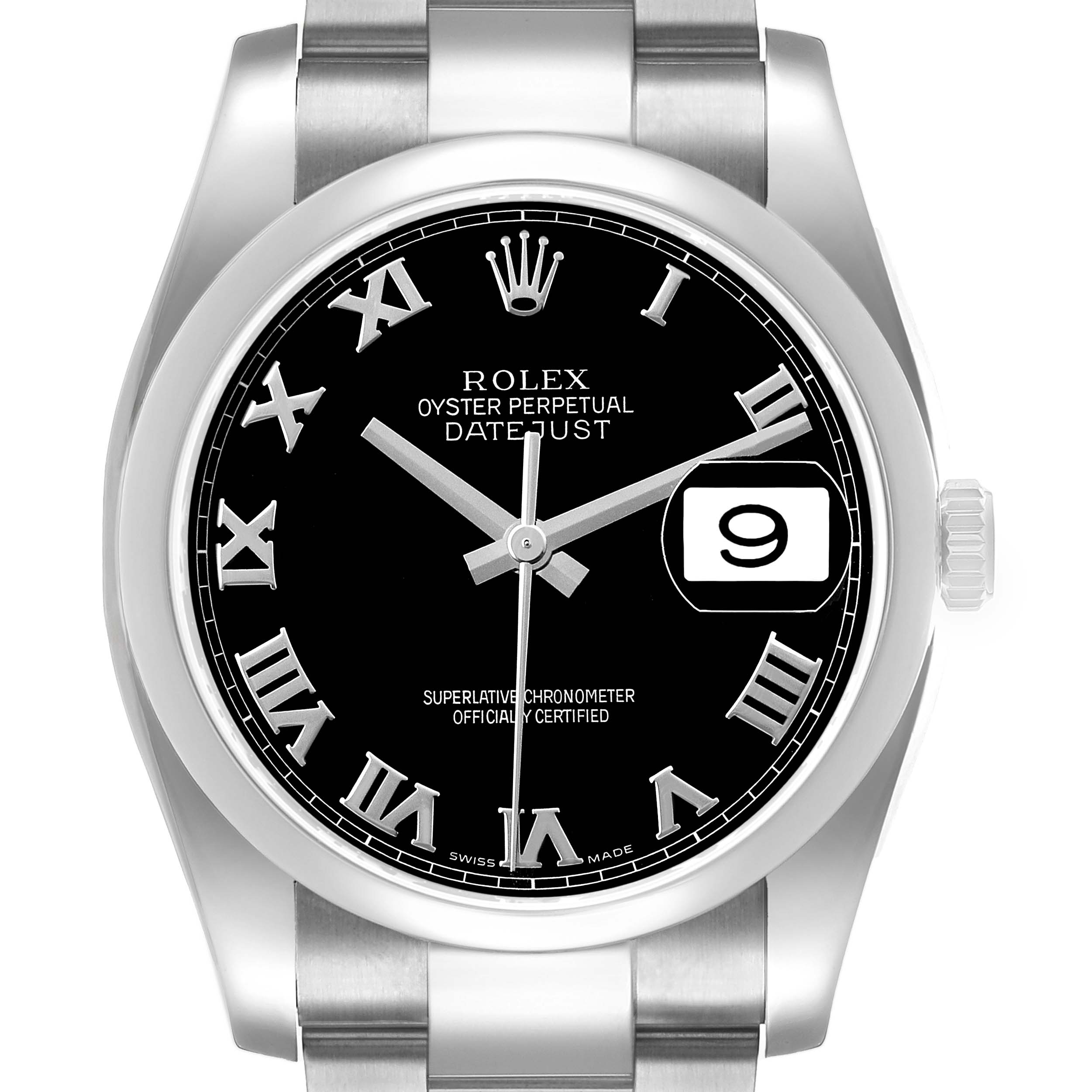 The Rolex Datejust 116200 Men's Stainless Steel Black Dial watch shows a front view featuring the dial, bezel, crown, and part of the bracelet.