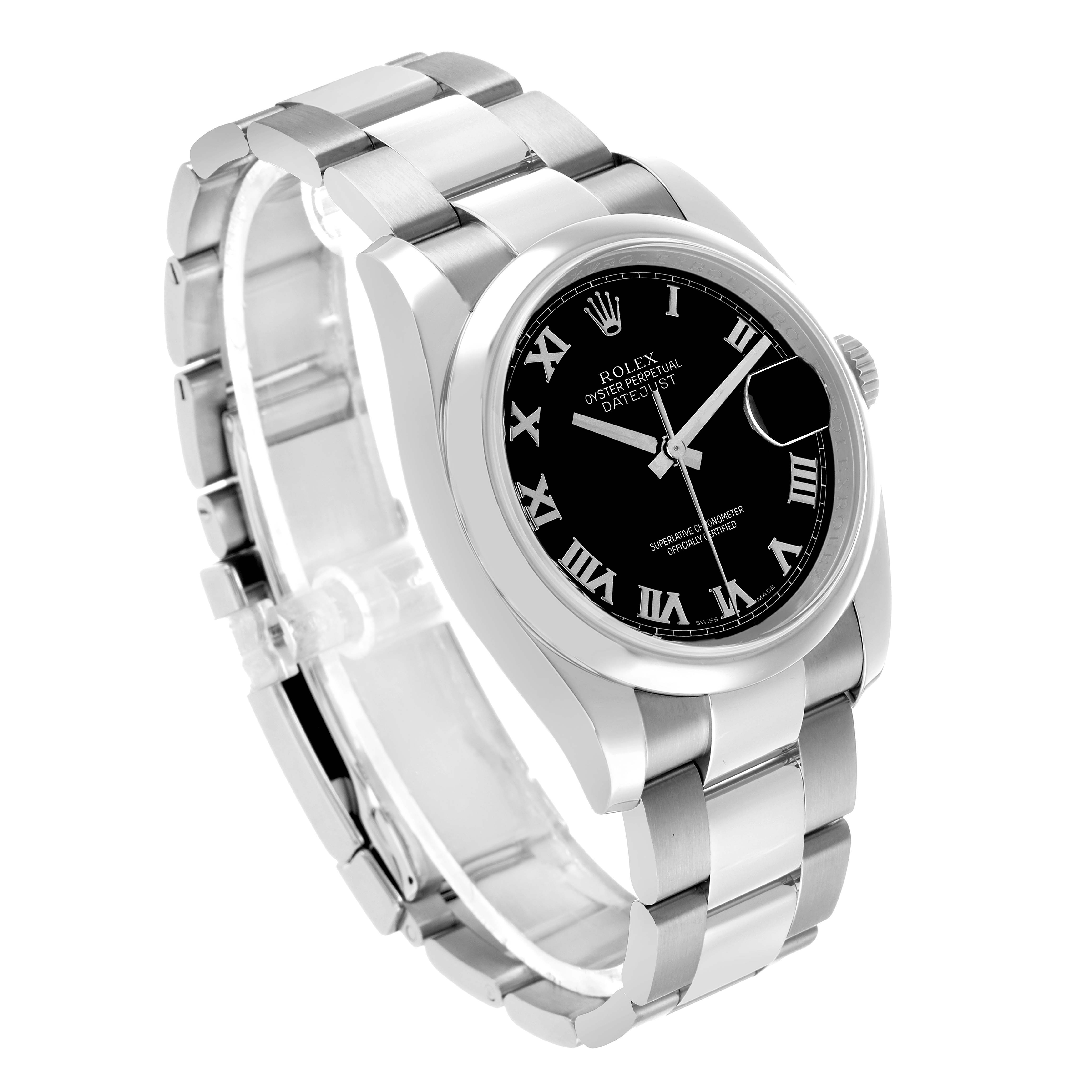 The Rolex Datejust 116200 Men's Stainless Steel Black Dial watch is shown from a three-quarter angle, highlighting the bezel, dial, and bracelet.