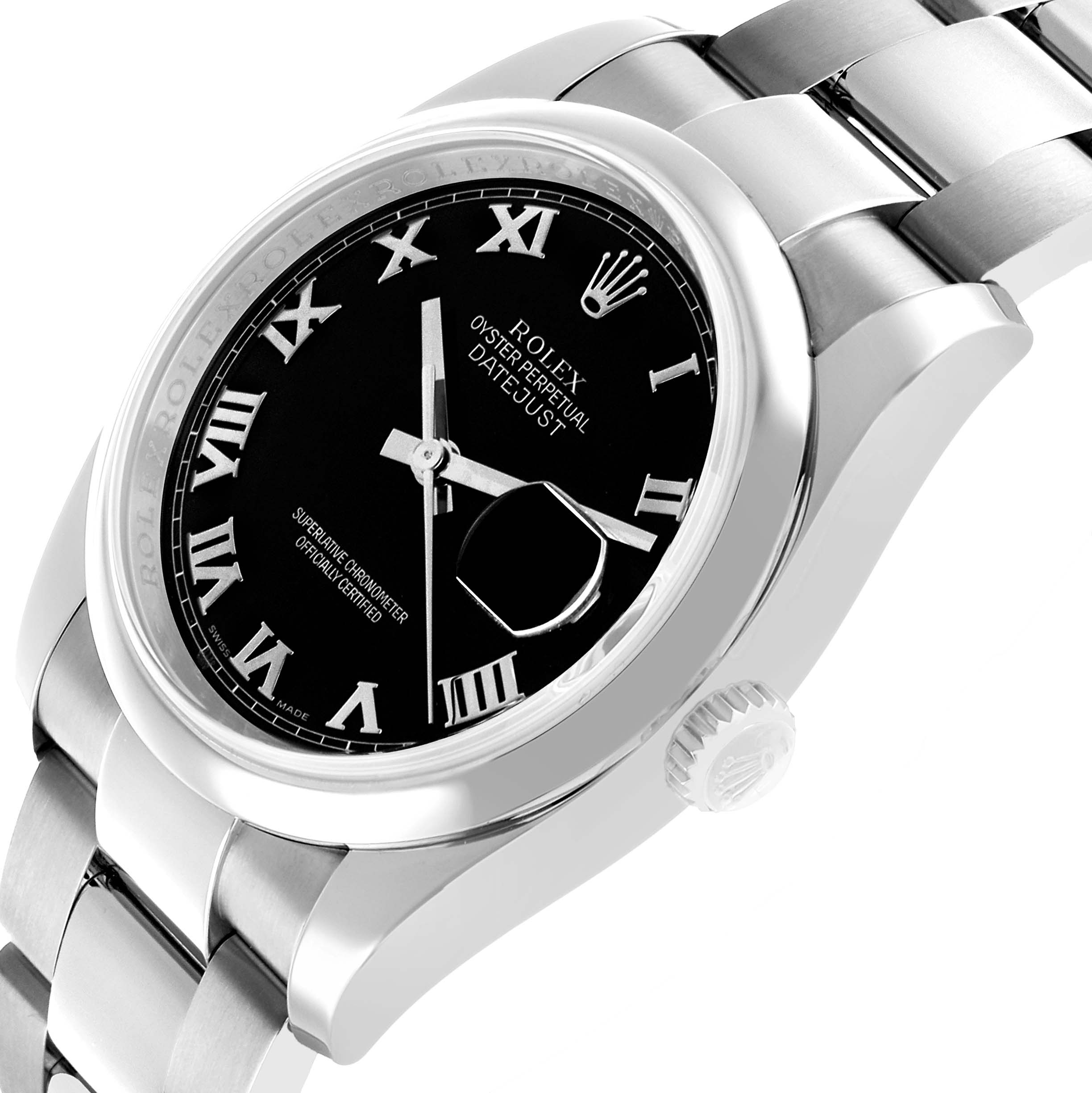 The Rolex Datejust 116200 Men's Stainless Steel Black Dial watch is shown at an angled view, highlighting the dial, case, crown, and part of the bracelet.