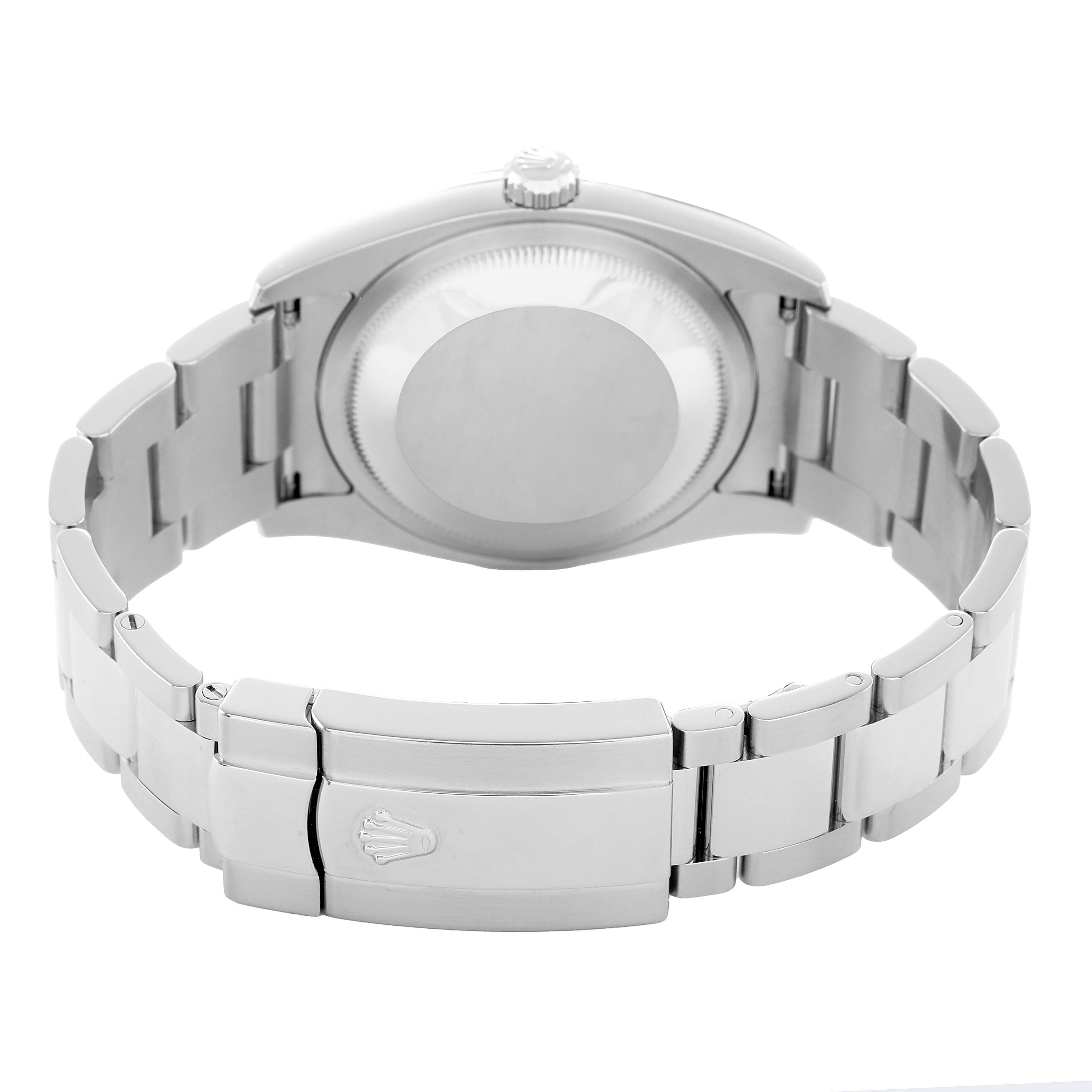 The image shows the back of a Rolex Datejust 116200 Men's Stainless Steel Black Dial watch, focusing on the case back and Oyster bracelet with the clasp.