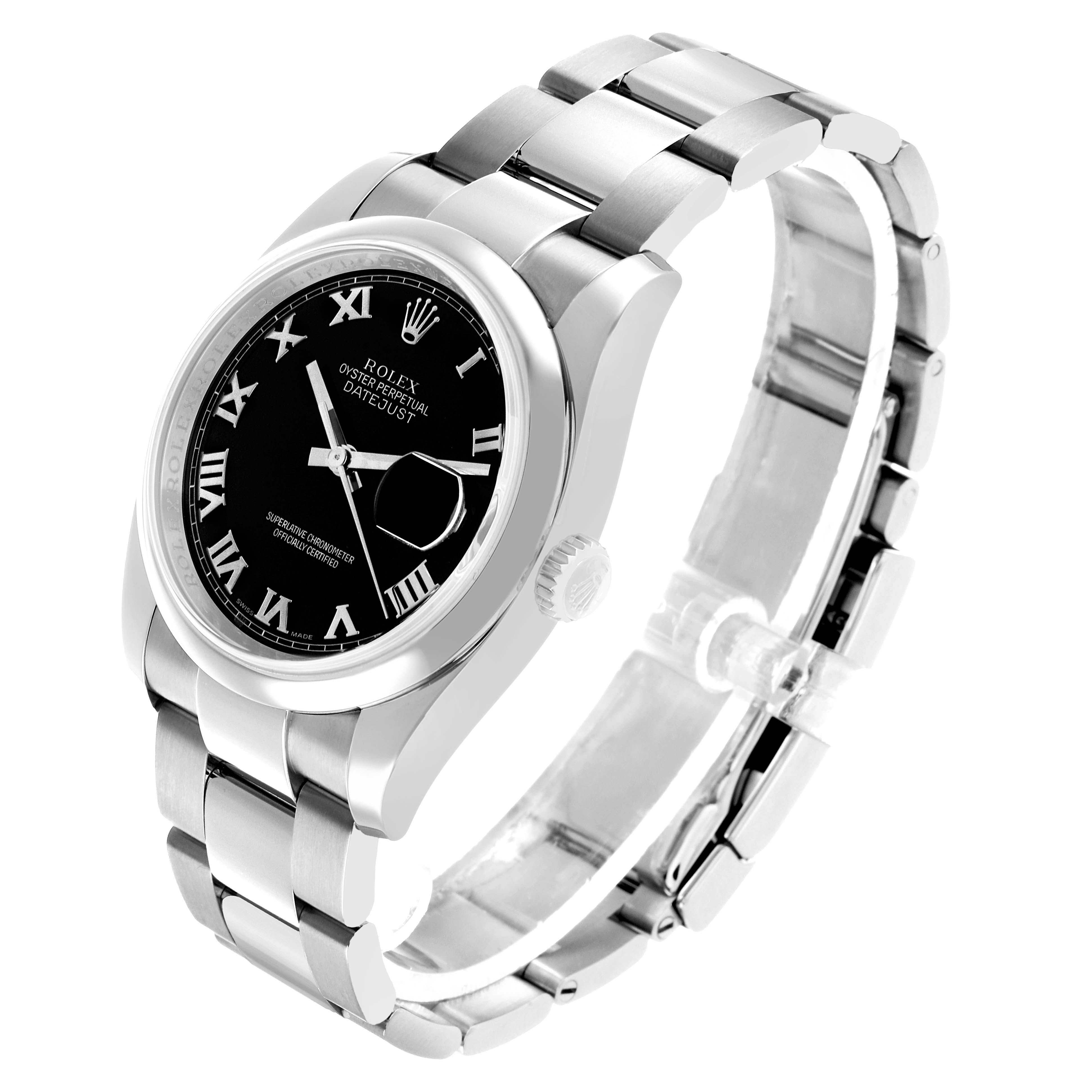 The Rolex Datejust 116200 Men's Stainless Steel Black Dial watch is displayed at a three-quarter angle showing the dial, case, bracelet, and crown.