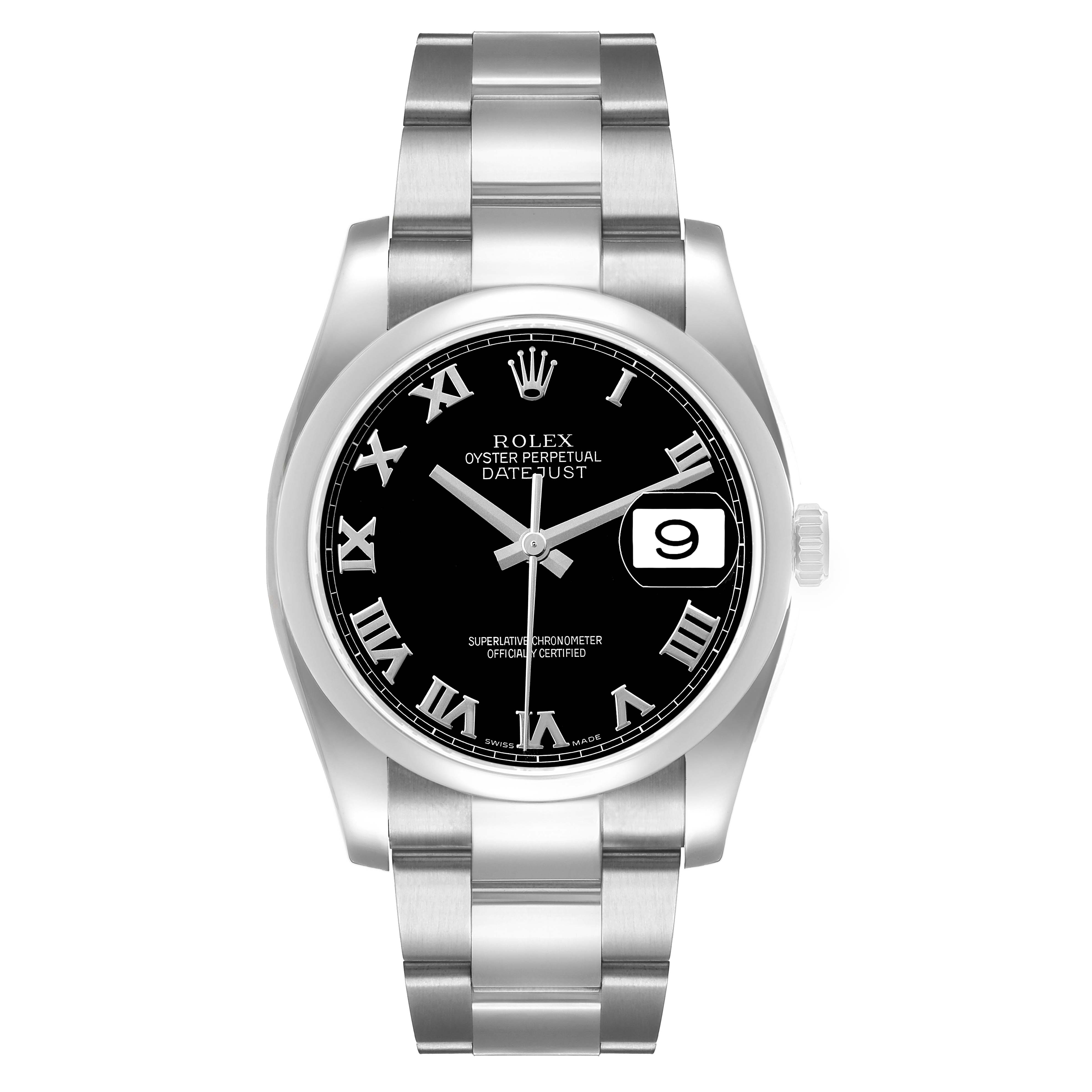The Rolex Datejust 116200 Men's Stainless Steel Black Dial watch is shown from the front, highlighting its dial, bezel, crown, and bracelet.