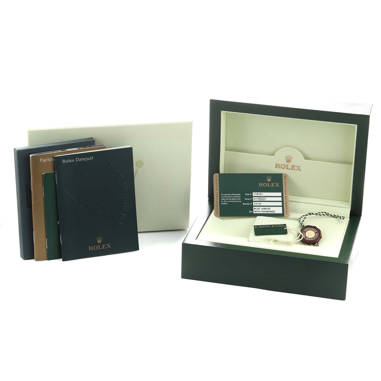 The image shows Rolex Datejust 179161 Women's Rose Gold Blue Dial accessories, including a box, warranty card, booklet, and tag, at a slight angle for display.
