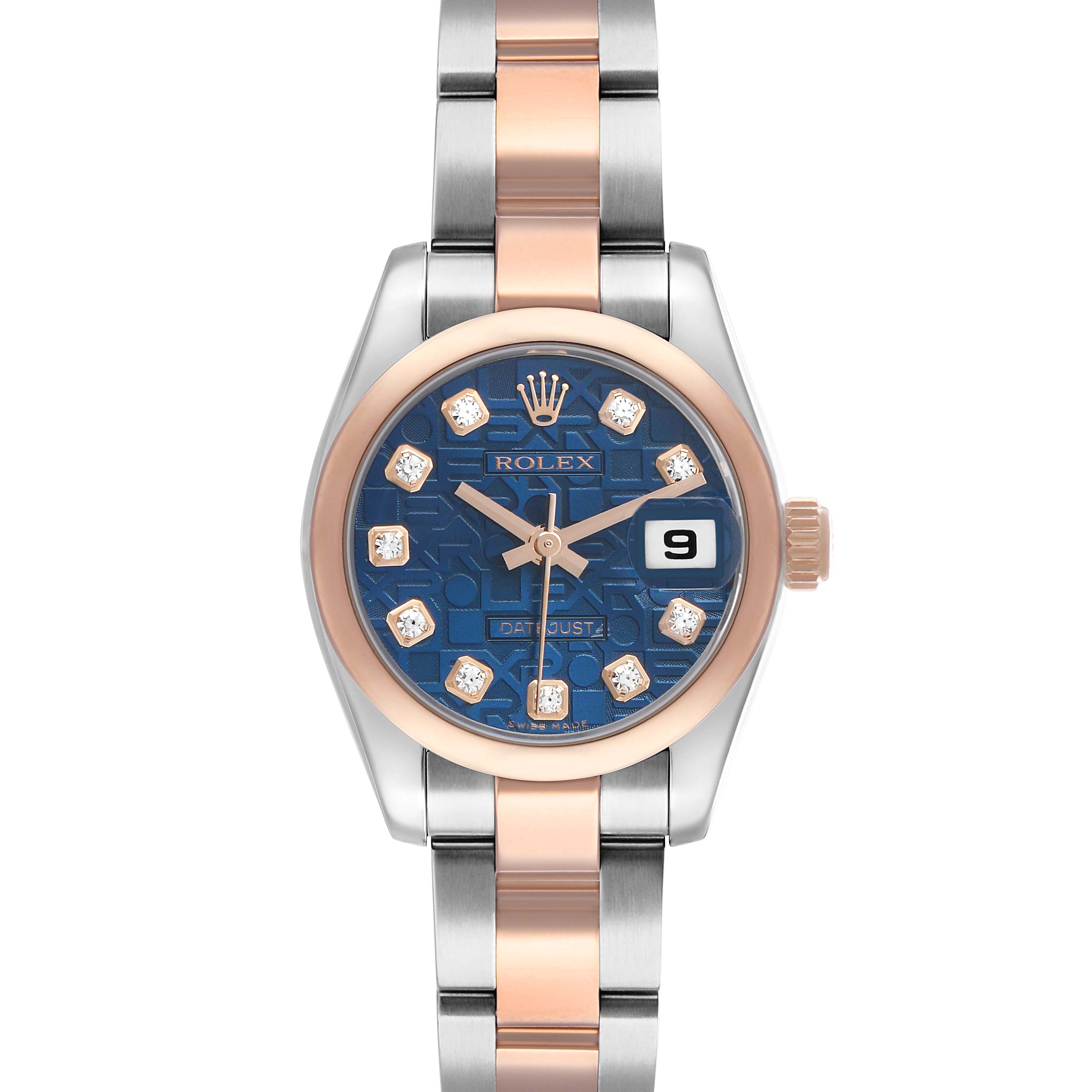 This Rolex Datejust 179161 Women's Rose Gold Blue Dial watch is shown from a top-down angle, displaying the face, bezel, and bracelet clearly.