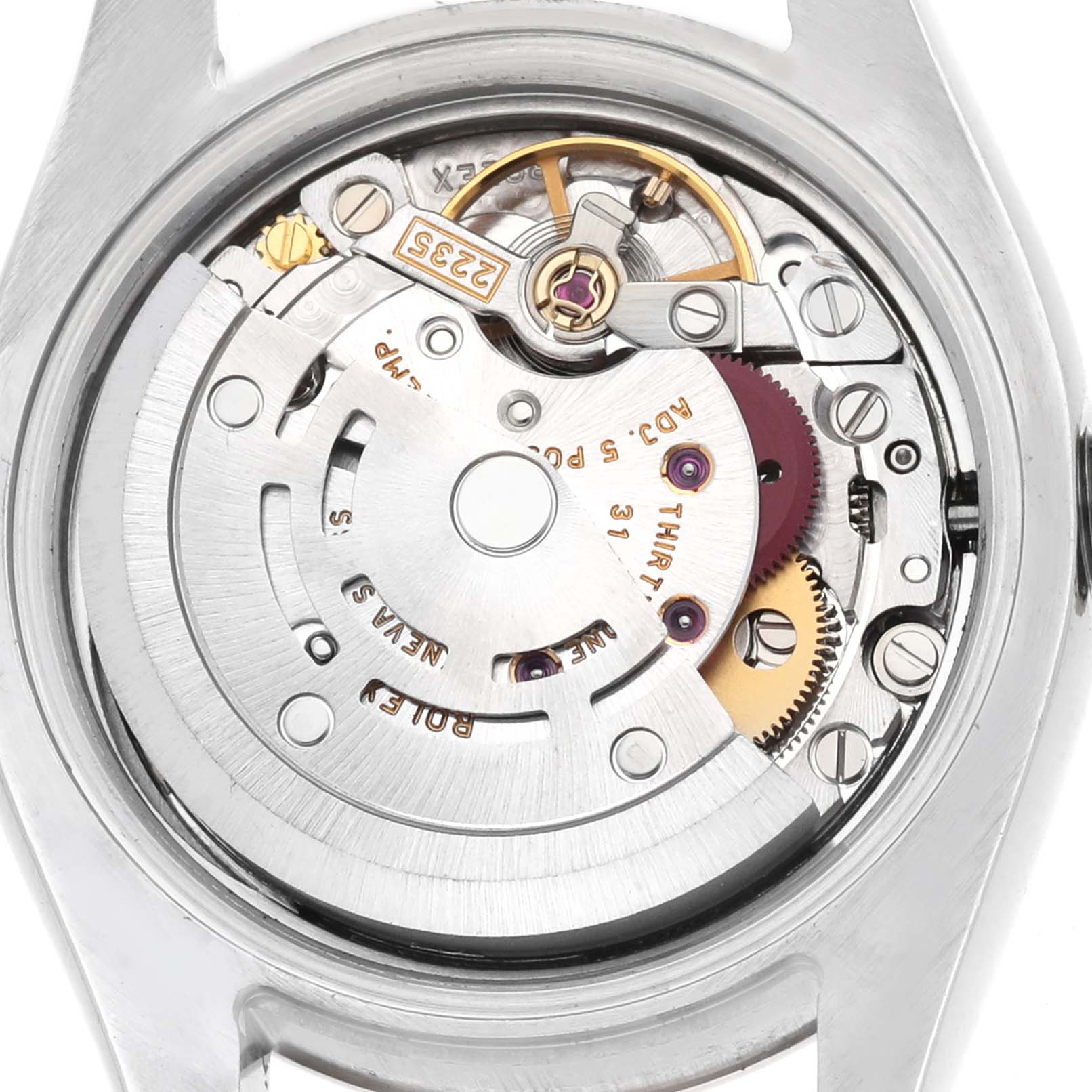 The image shows the movement of a Rolex Datejust 179161 Women's Rose Gold Blue Dial, viewed from the back, displaying intricate gears and components.