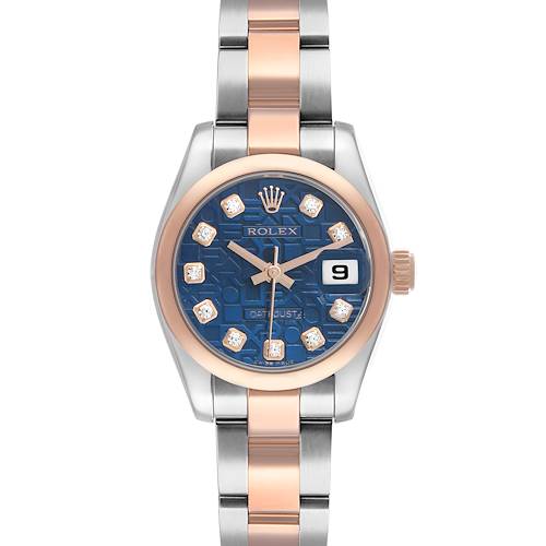 The Rolex Datejust 179161 Women's Rose Gold Blue Dial watch is shown from a top-down view, highlighting the dial, bezel, crown, and bracelet.