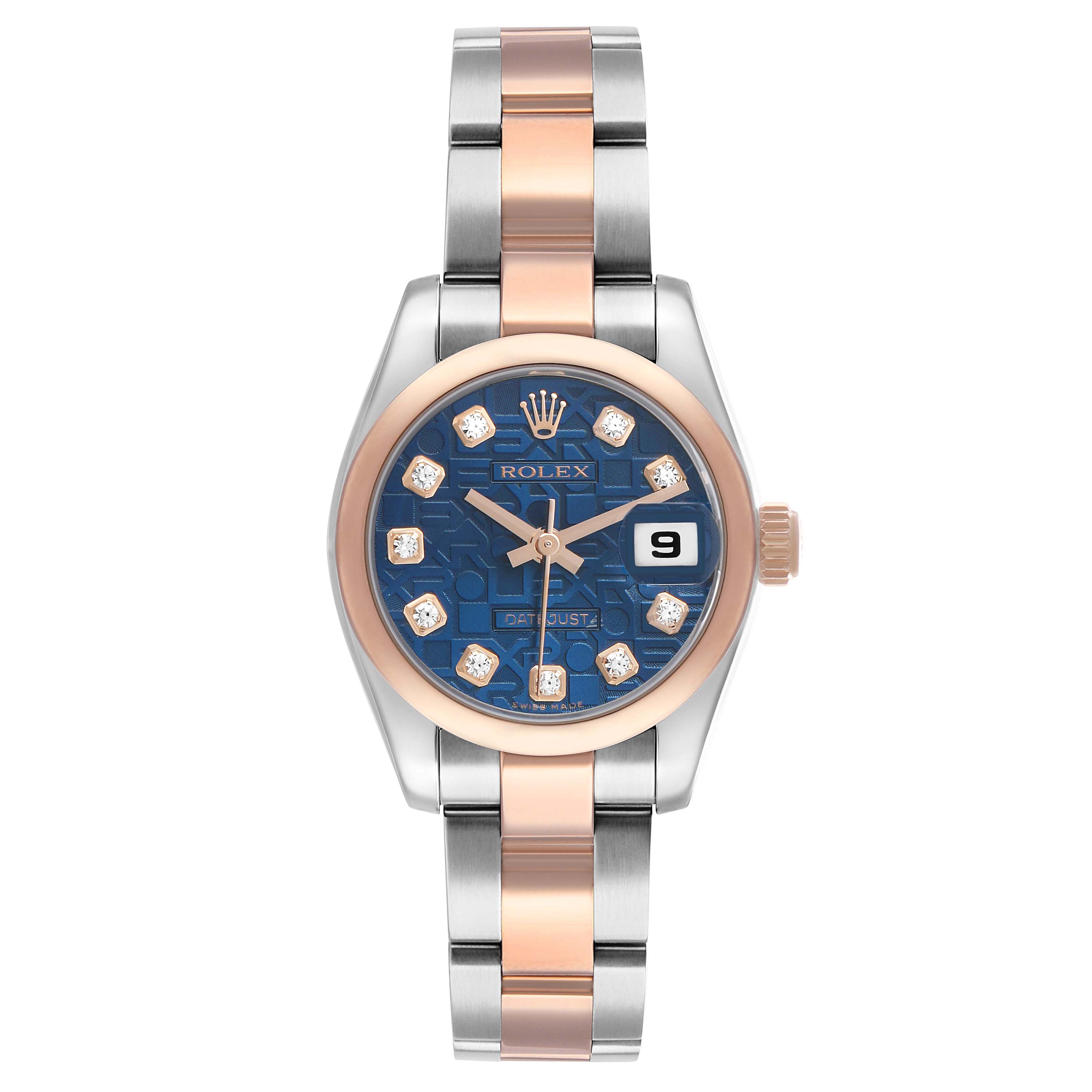 The Rolex Datejust 179161 Women's Rose Gold Blue Dial watch is shown from a front view, highlighting its dial, bezel, crown, and bracelet.