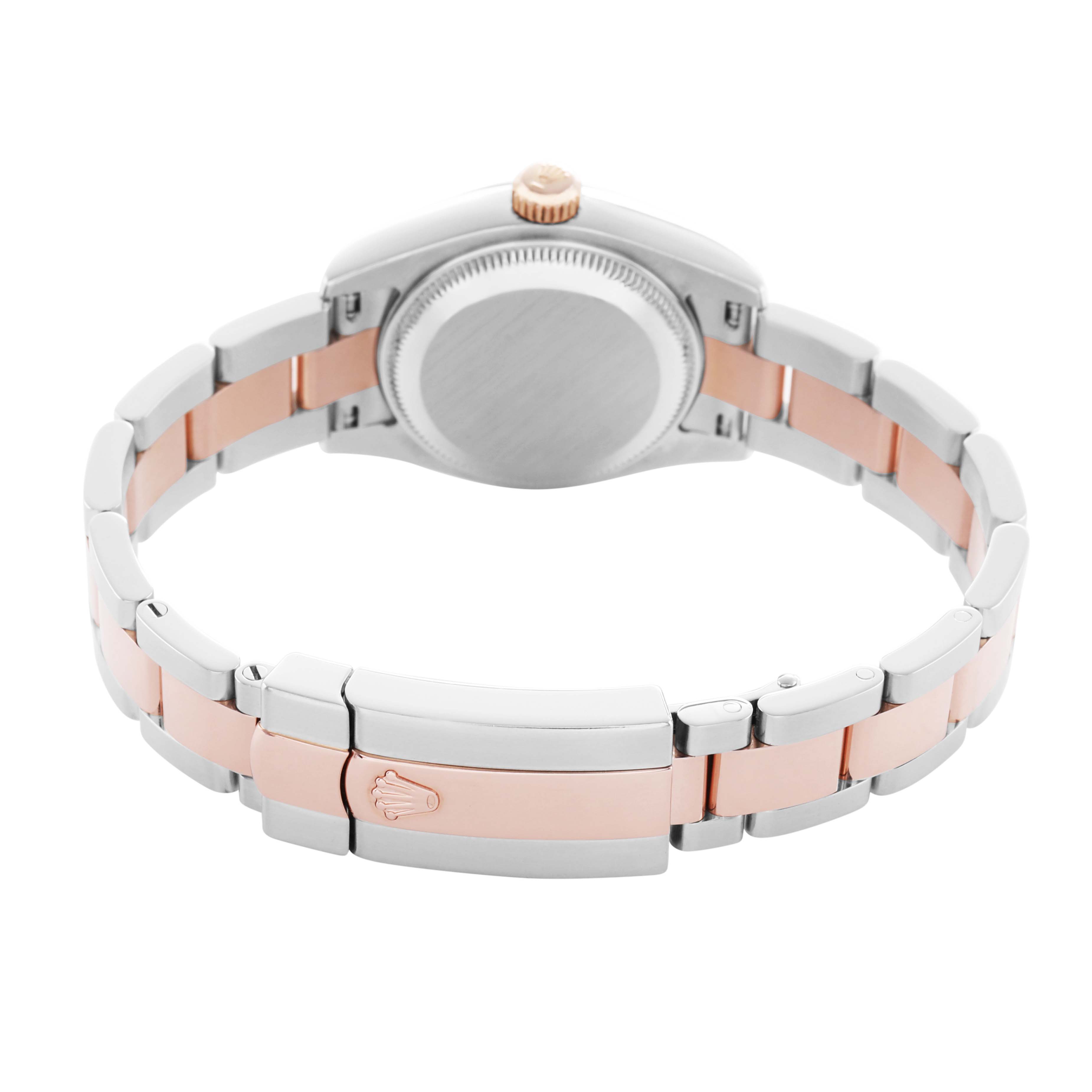 The Rolex Datejust 179161 Women's Rose Gold Blue Dial watch is shown from the back, highlighting the case back, bracelet, and clasp.