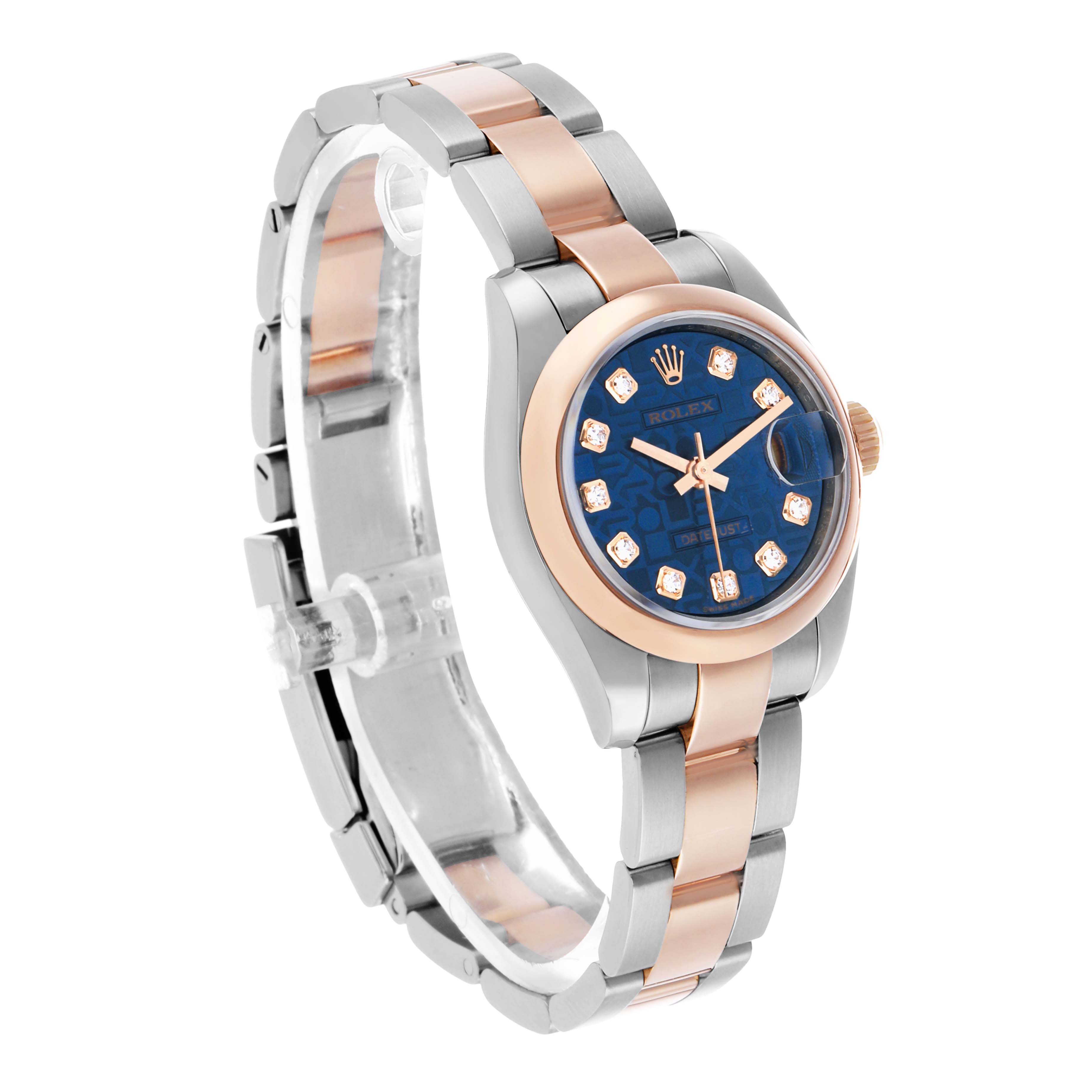 The Rolex Datejust 179161 Women's Rose Gold Blue Dial watch is shown at a three-quarter angle, highlighting the blue dial, diamond hour markers, and two-tone bracelet.
