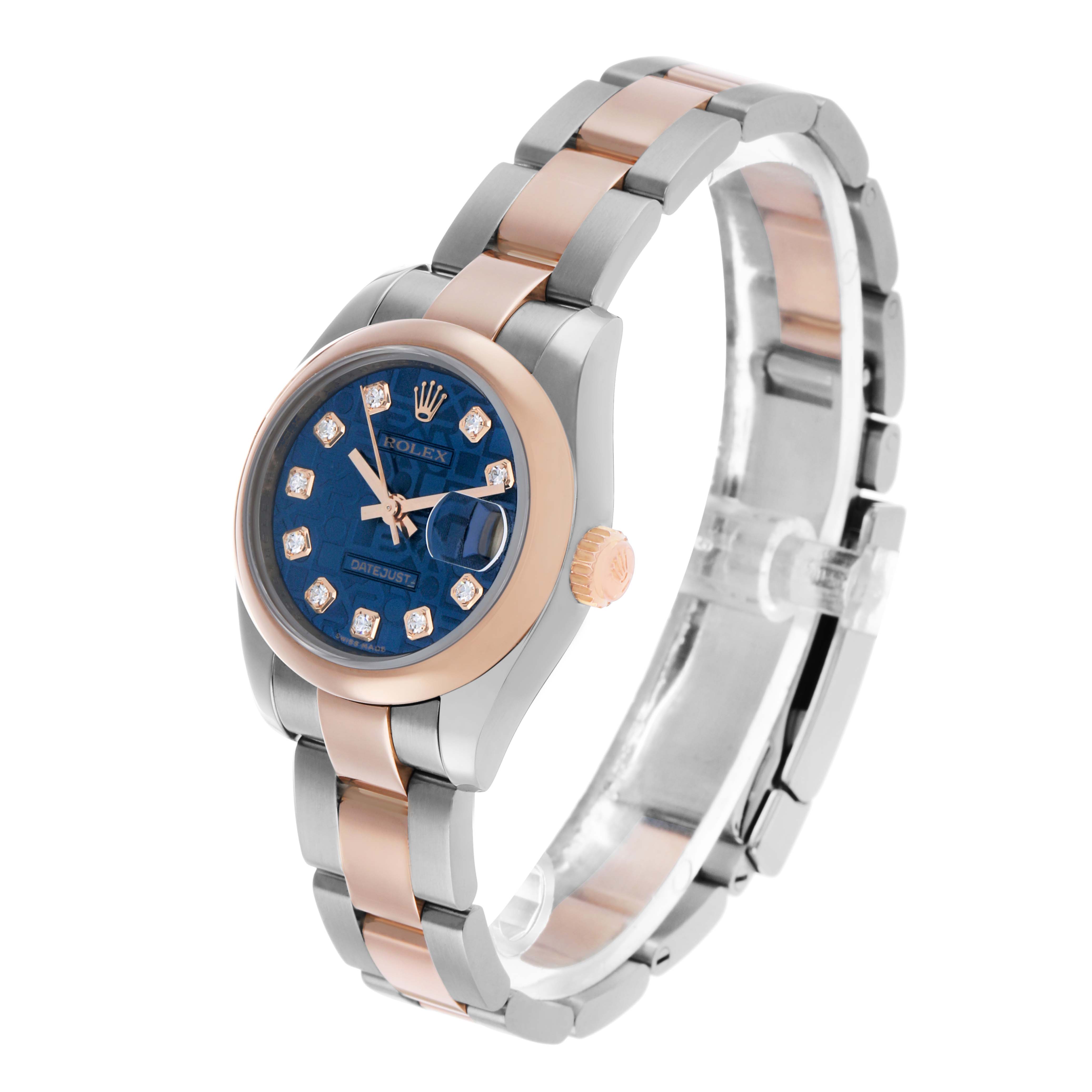 The image shows a Rolex Datejust 179161 Women's Rose Gold Blue Dial watch at a three-quarter angle, featuring its bezel, bracelet, and dial.
