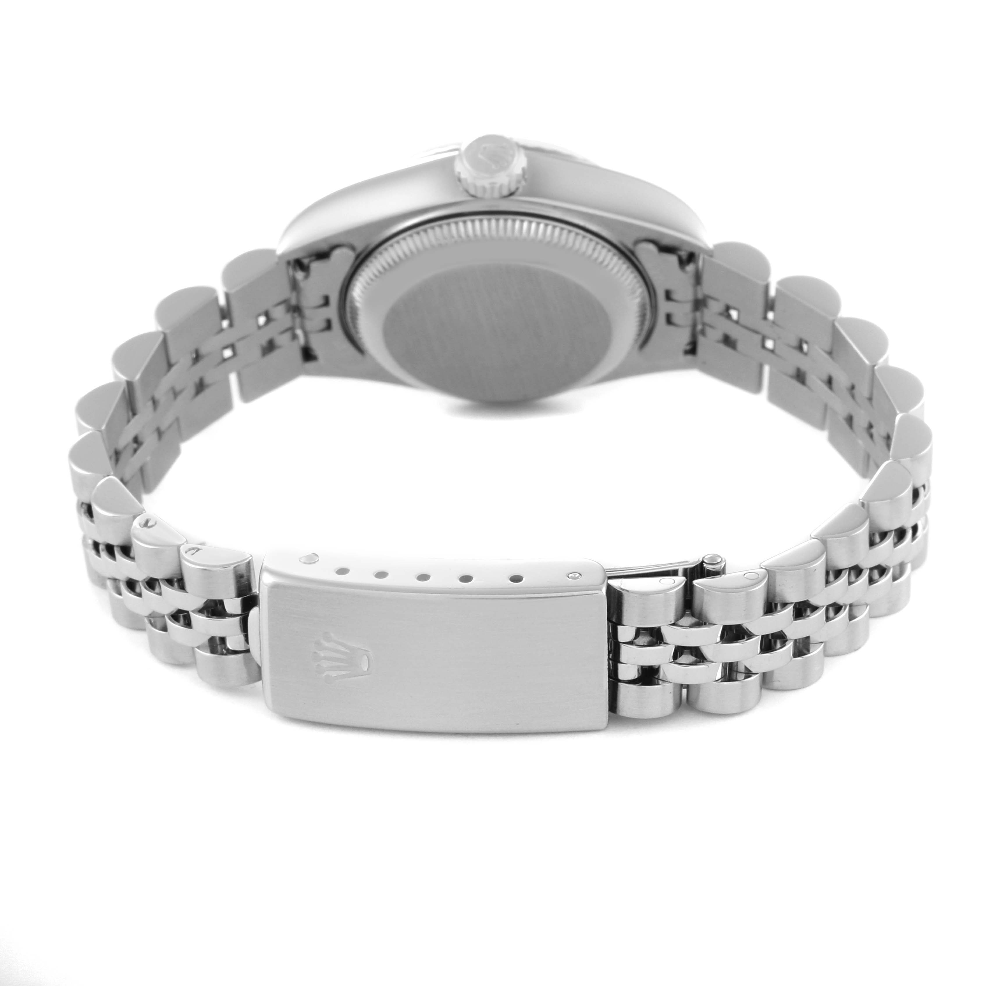 This image shows the back case and bracelet clasp of a Rolex Datejust 79174 Women's Stainless Steel Blue Dial 79174 Women's Stainless Steel Blue Dial watch.