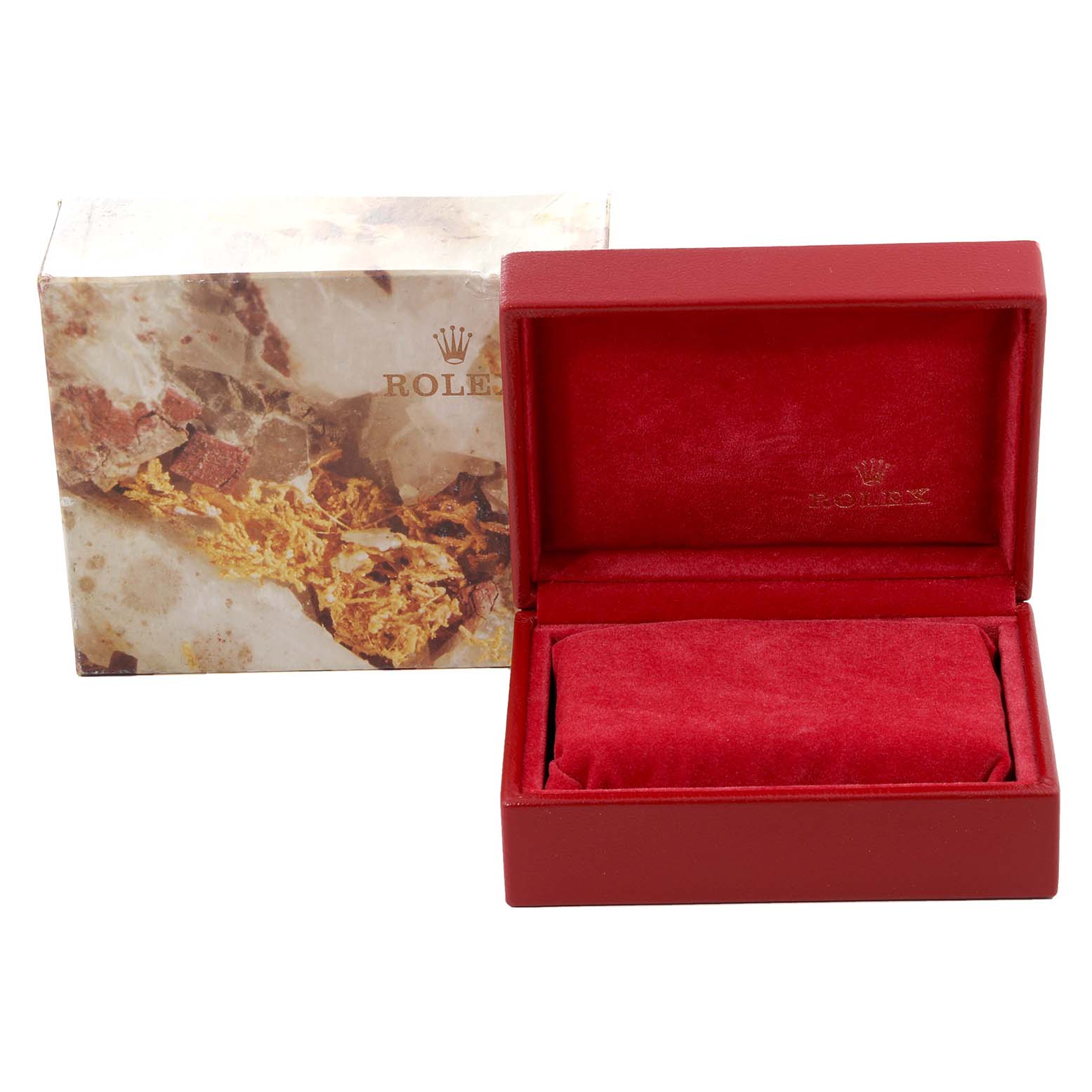 The image shows an empty red Rolex watch box and its outer packaging for the Datejust model.