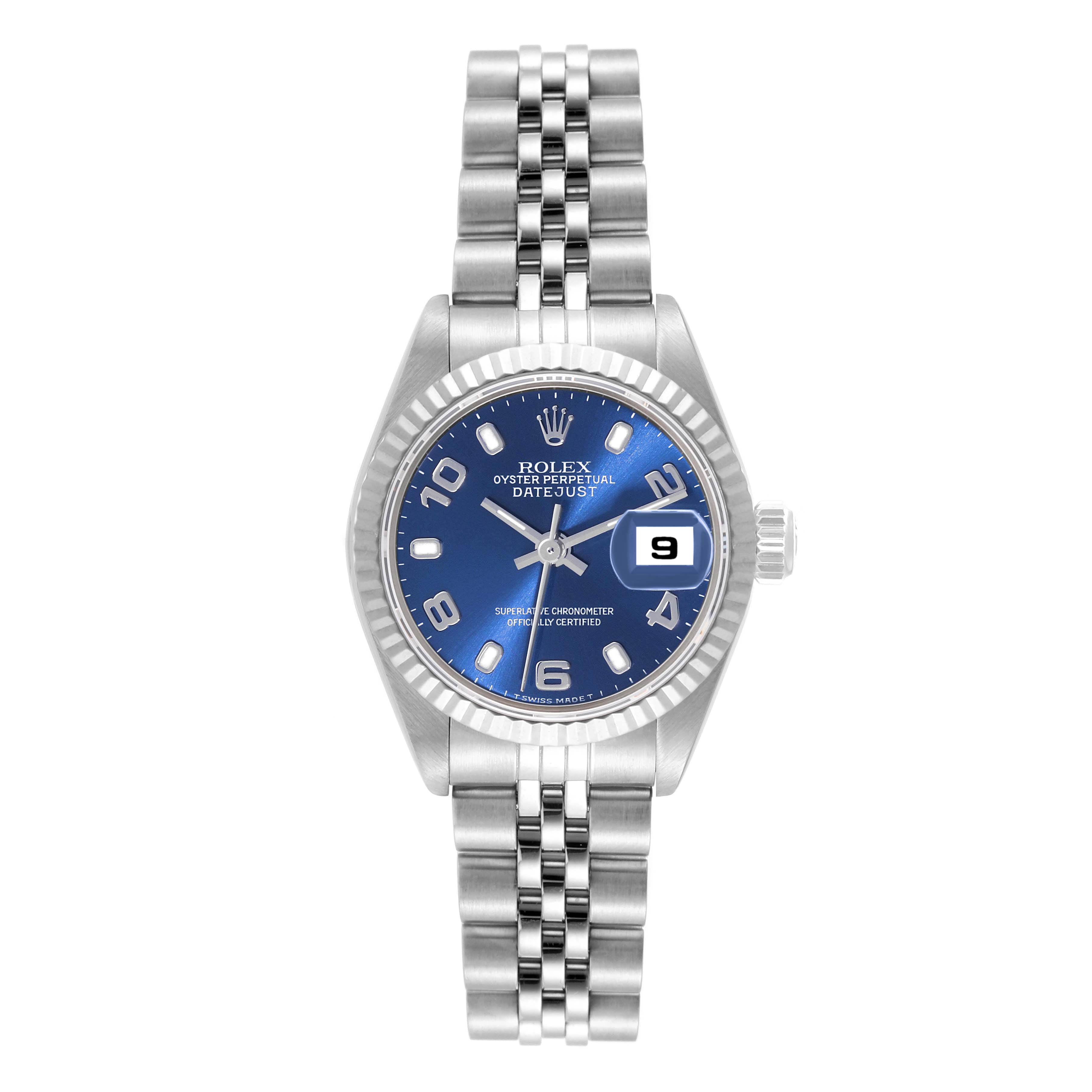 This image displays a front view of a Rolex Datejust 79174 Women's Stainless Steel Blue Dial 79174 Women's Stainless Steel Blue Dial watch, showcasing its dial, bezel, and bracelet.