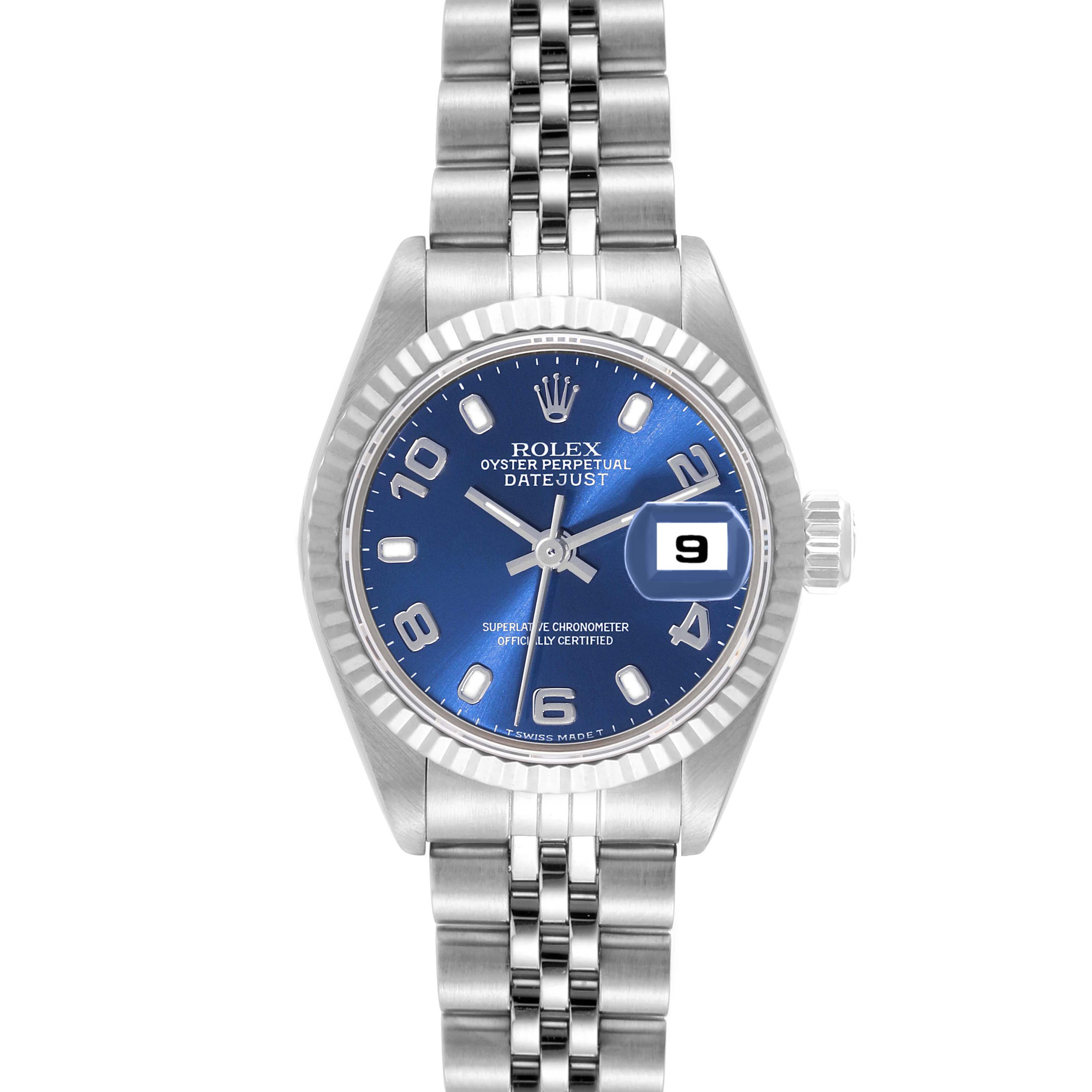 The Rolex Datejust 79174 Women's Stainless Steel Blue Dial 79174 Women's Stainless Steel Blue Dial watch is shown from a front angle, displaying the face, date window, and part of the bracelet.