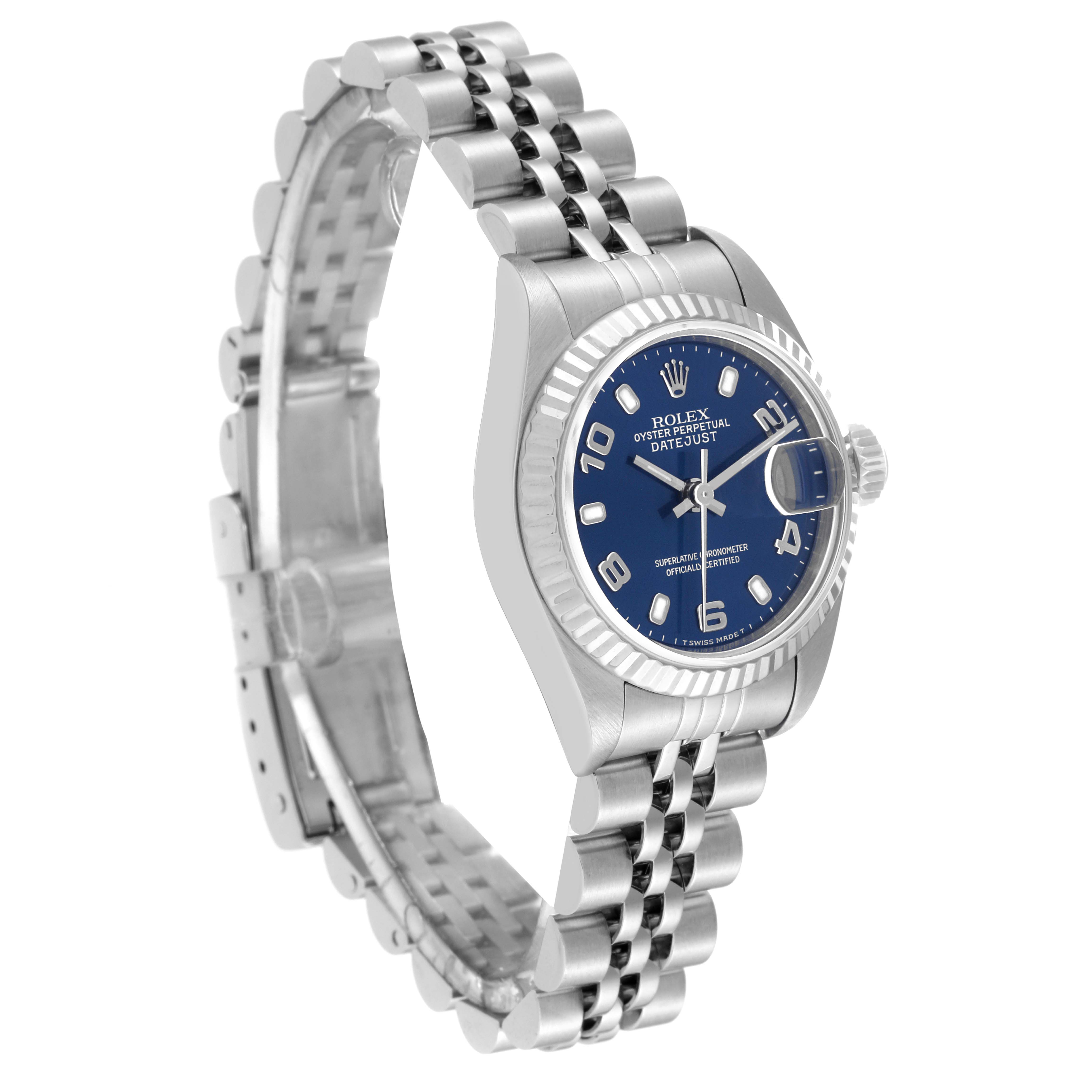 The image shows a Rolex Datejust 79174 Women's Stainless Steel Blue Dial 79174 Women's Stainless Steel Blue Dial watch at a slightly angled side view, displaying the face, bezel, and bracelet.
