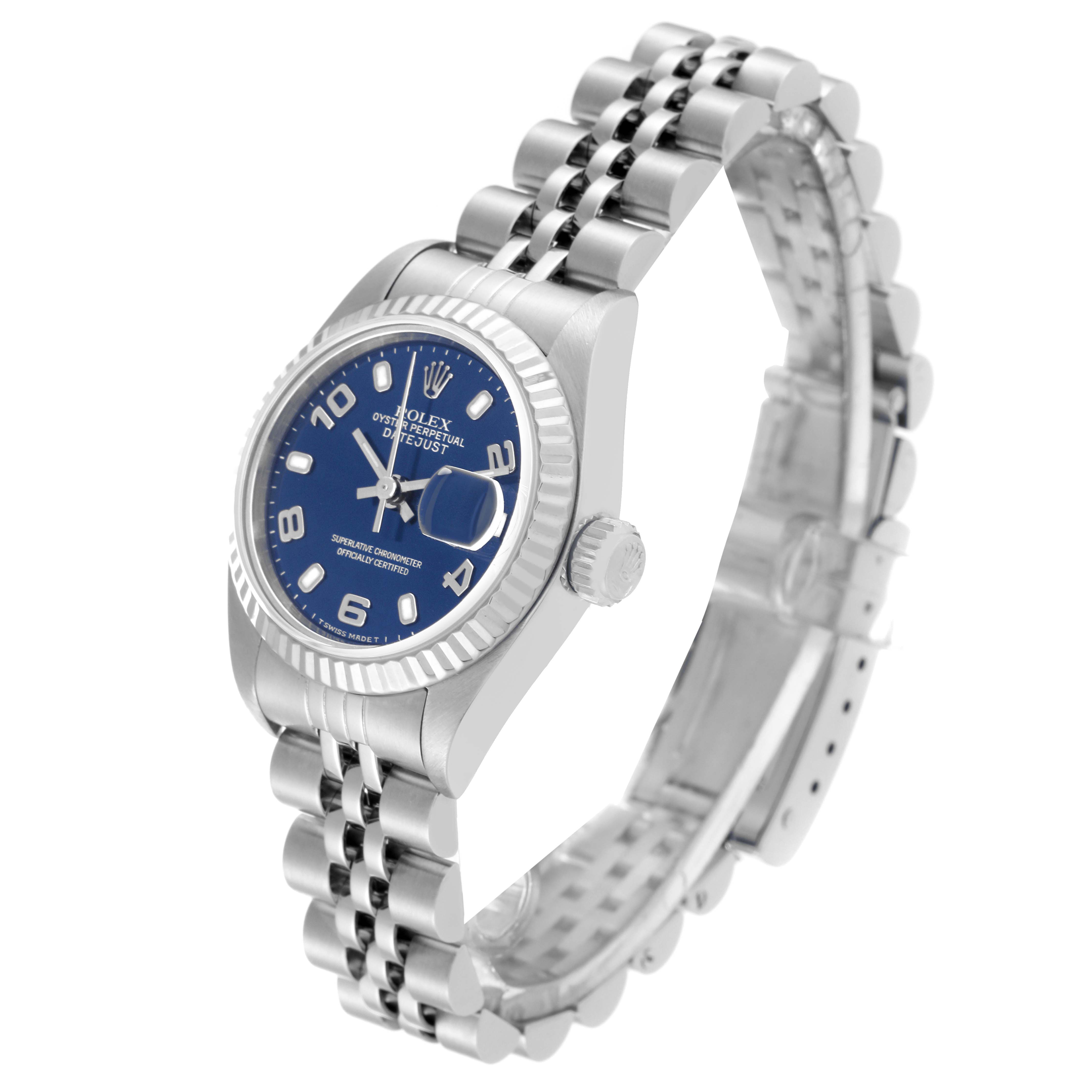 This Rolex Datejust 79174 Women's Stainless Steel Blue Dial 79174 Women's Stainless Steel Blue Dial watch is shown at an angle highlighting the dial, fluted bezel, crown, and Jubilee bracelet.