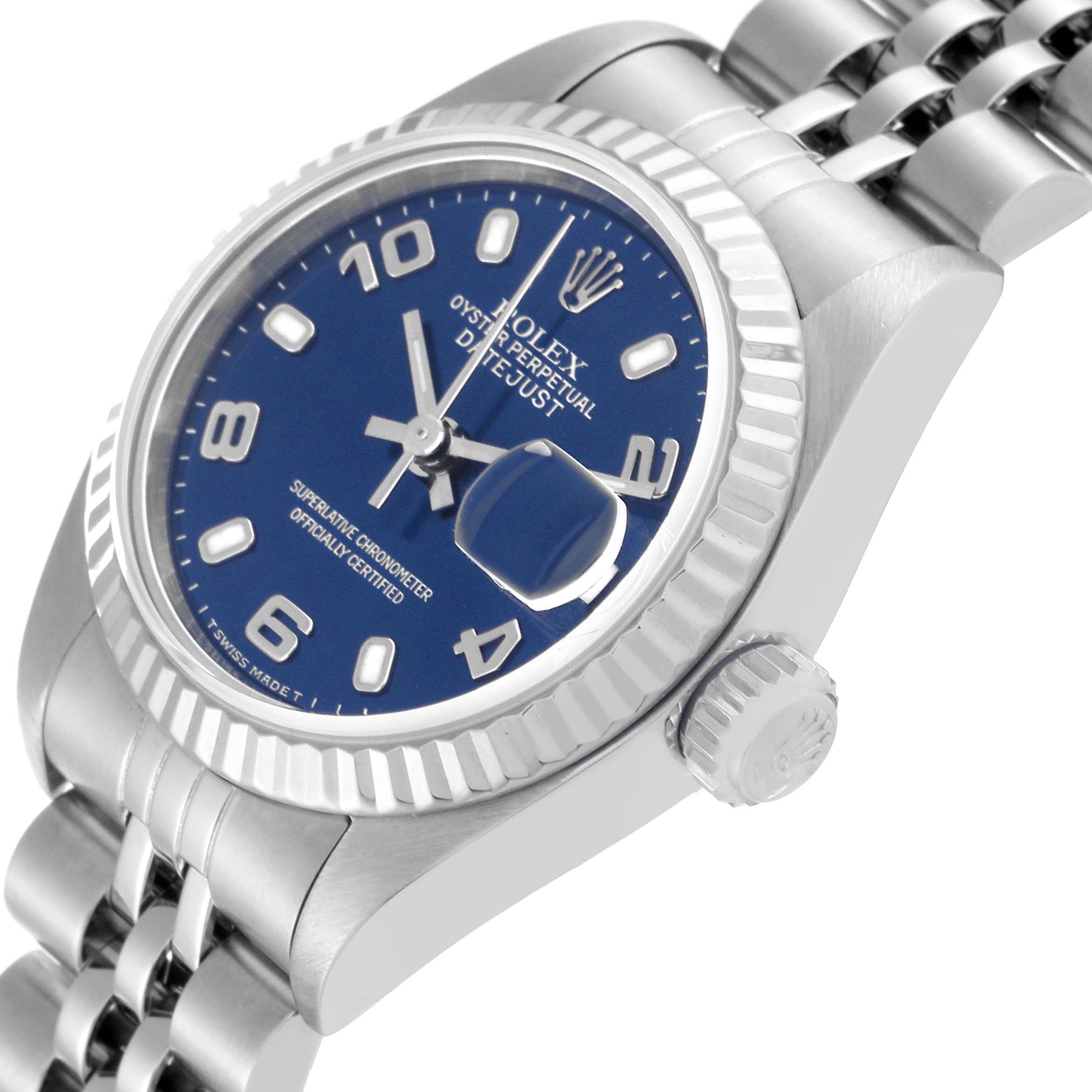 This image shows a close-up side angle of the Rolex Datejust 79174 Women's Stainless Steel Blue Dial 79174 Women's Stainless Steel Blue Dial, highlighting the face, bezel, crown, and bracelet.