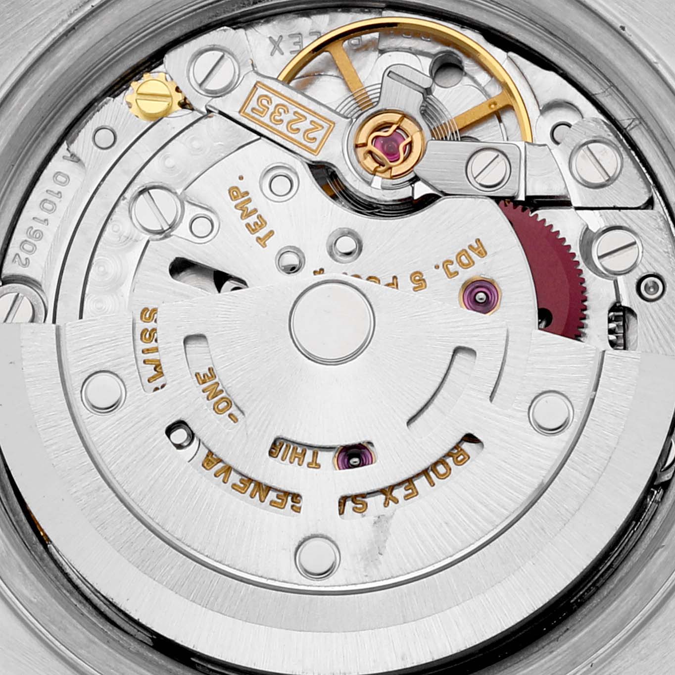 This is a close-up of the movement mechanism in the Rolex Datejust 79174 Women's Stainless Steel Blue Dial 79174 Women's Stainless Steel Blue Dial watch model.