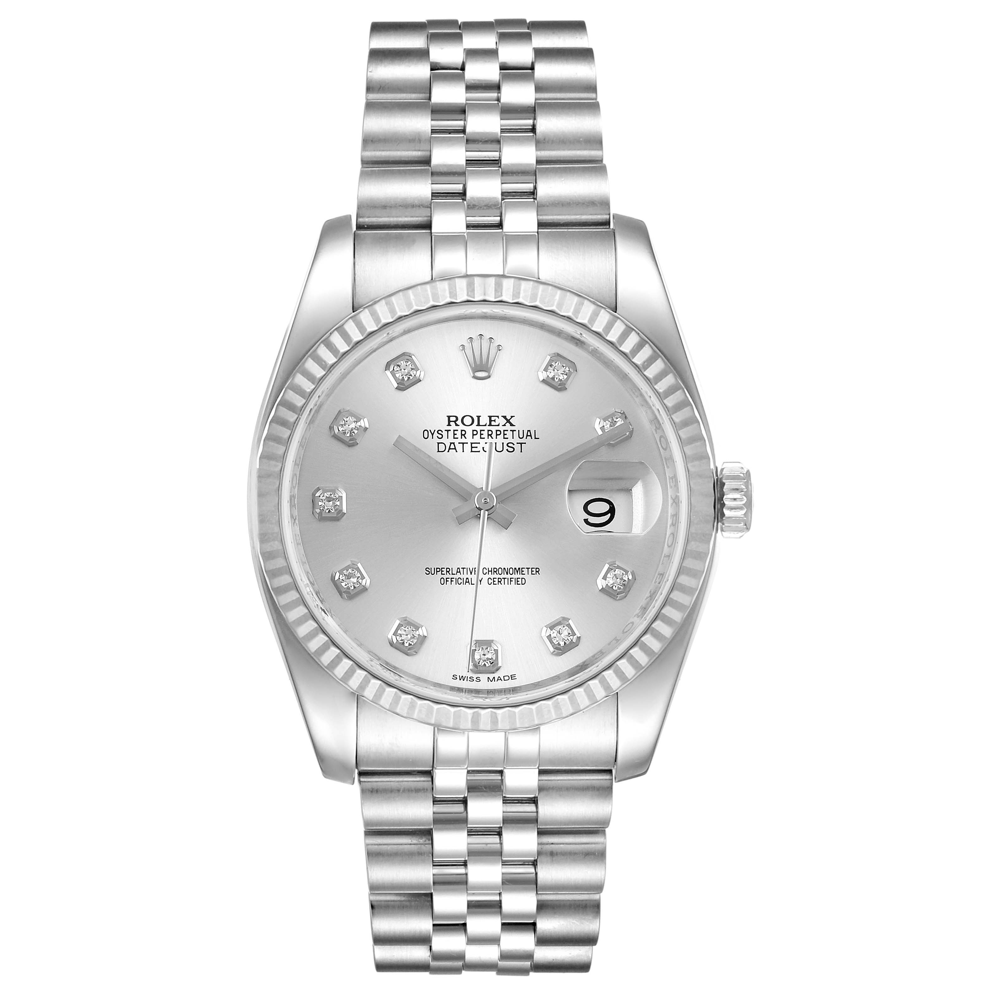 The image shows a front view of a Rolex Datejust 116234 Men
s Stainless Steel Silver Dial 116234 Men
s Stainless Steel Silver Dial watch, highlighting its dial, bezel, crown, and bracelet.