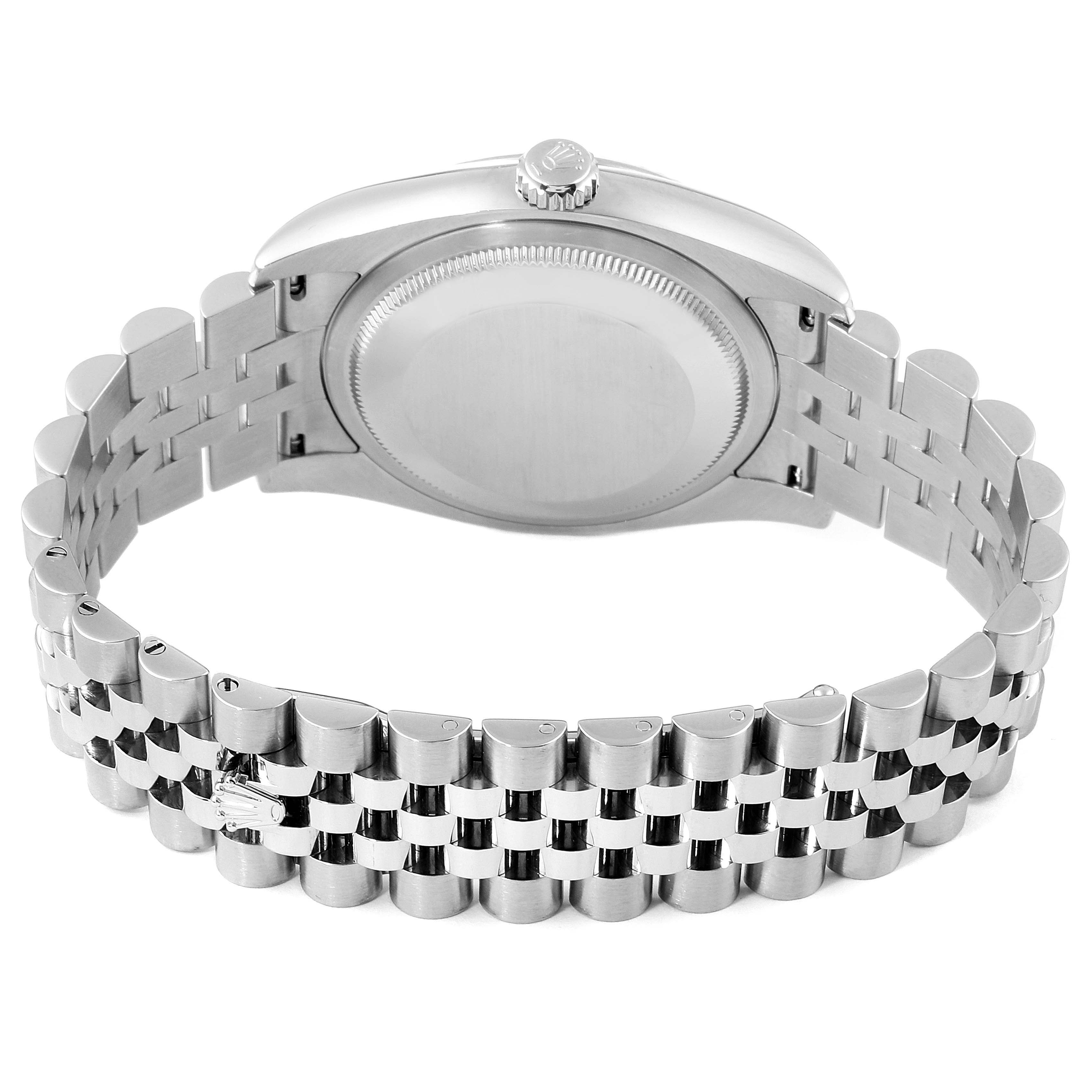 This image shows the back view of a Rolex Datejust 116234 Men
s Stainless Steel Silver Dial 116234 Men
s Stainless Steel Silver Dial watch, highlighting the case and the metal bracelet.