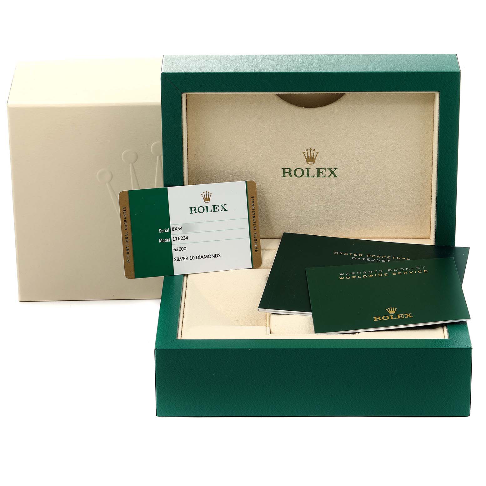 The image shows the packaging, warranty booklet, and Best Quality
ity card for a Rolex Datejust 116234 Men
s Stainless Steel Silver Dial 116234 Men
s Stainless Steel Silver Dial watch.