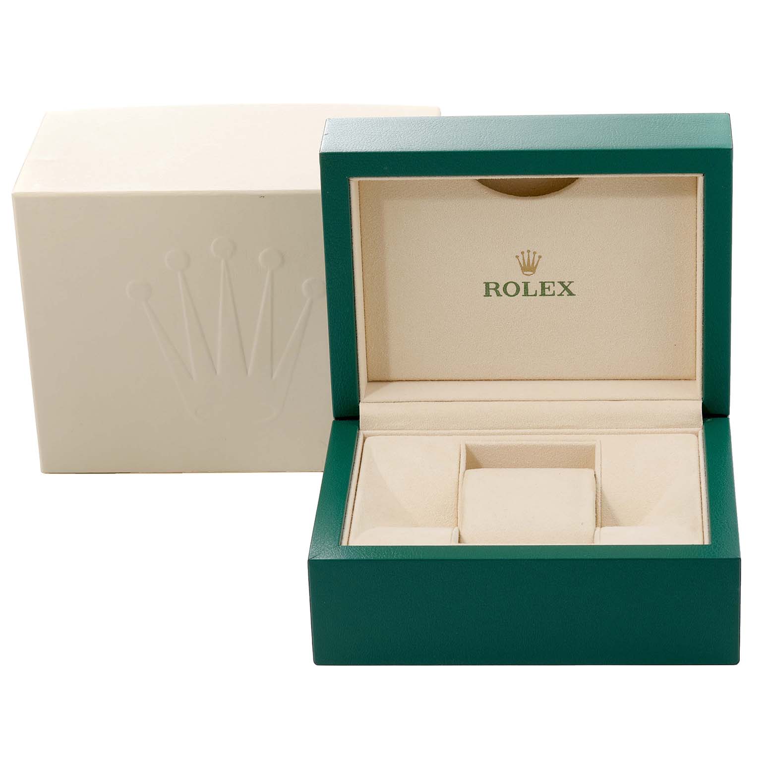 The image shows a Rolex Datejust 279384RBR Women's Stainless Steel Silver Dial 279384RBR Women's Stainless Steel Silver Dial watch box, featuring an outer white box and an inner green and beige box with branding.