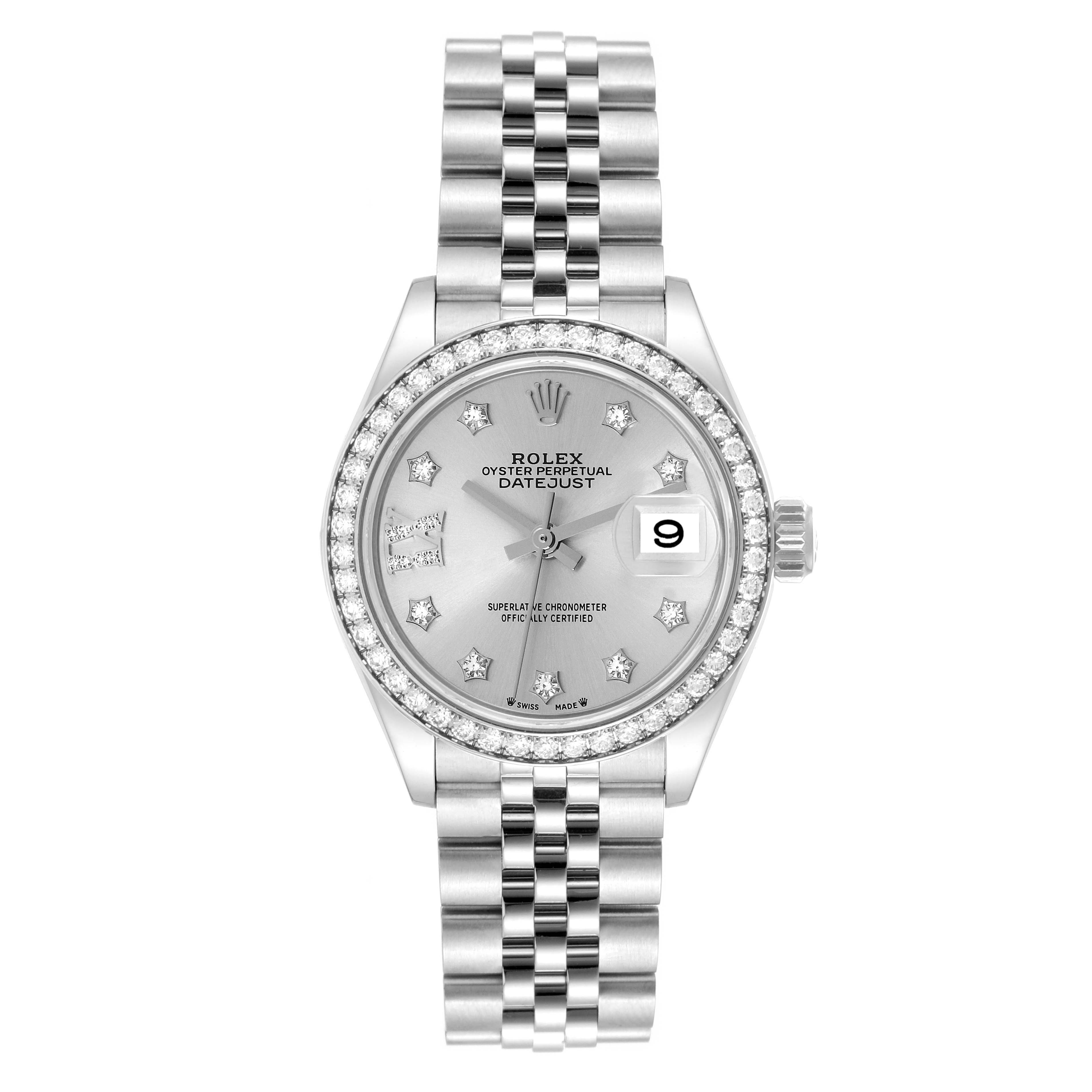 The image shows a Rolex Datejust 279384RBR Women's Stainless Steel Silver Dial 279384RBR Women's Stainless Steel Silver Dial watch from a top-down angle, displaying the face, bezel, and bracelet in full view.
