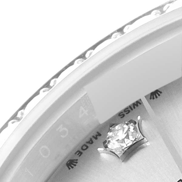 The image shows a close-up of the dial edge and diamond marker of a Rolex Datejust 279384RBR Women's Stainless Steel Silver Dial 279384RBR Women's Stainless Steel Silver Dial watch.