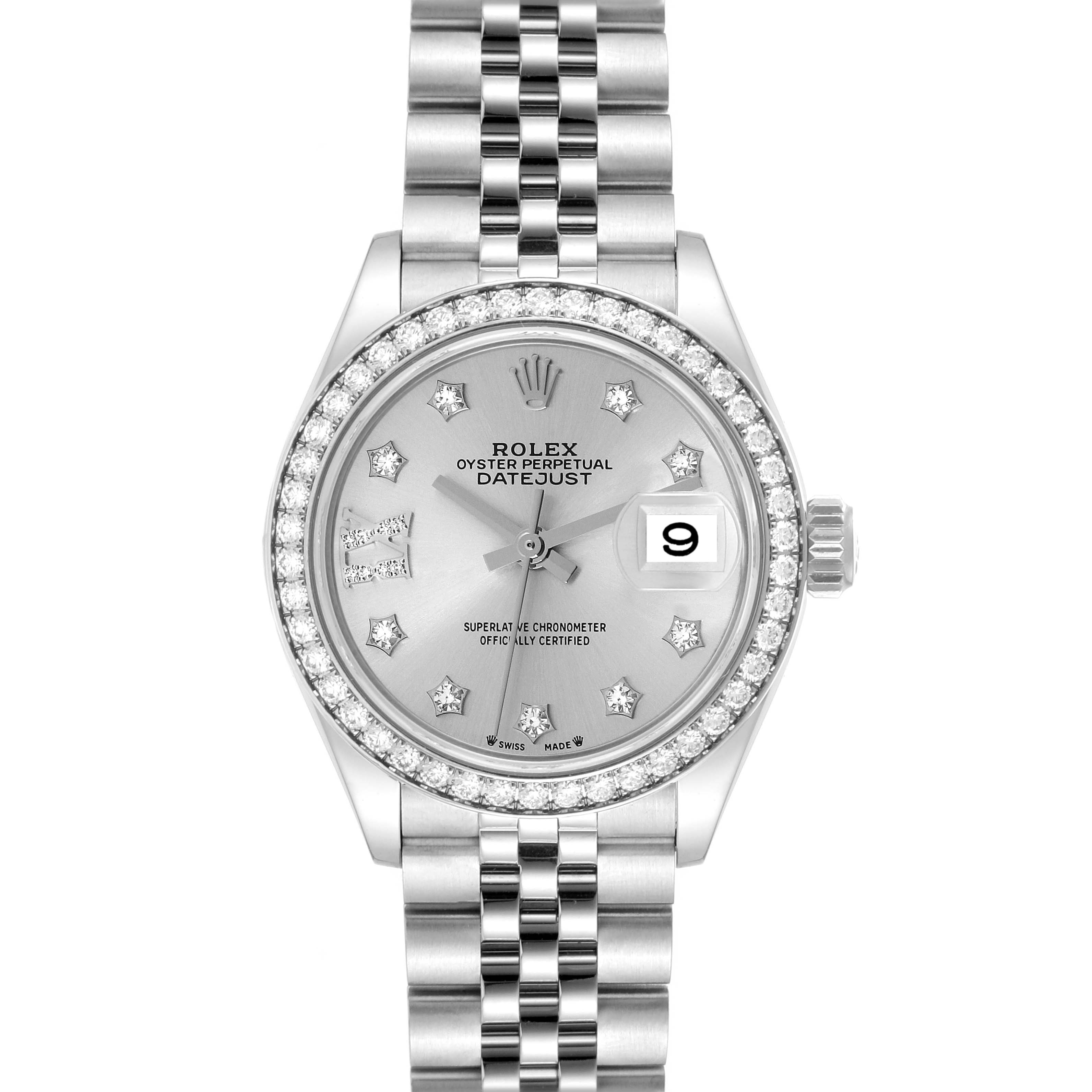 The image shows a front view of a Rolex Datejust 279384RBR Women's Stainless Steel Silver Dial 279384RBR Women's Stainless Steel Silver Dial watch, highlighting its dial, bezel, and bracelet.